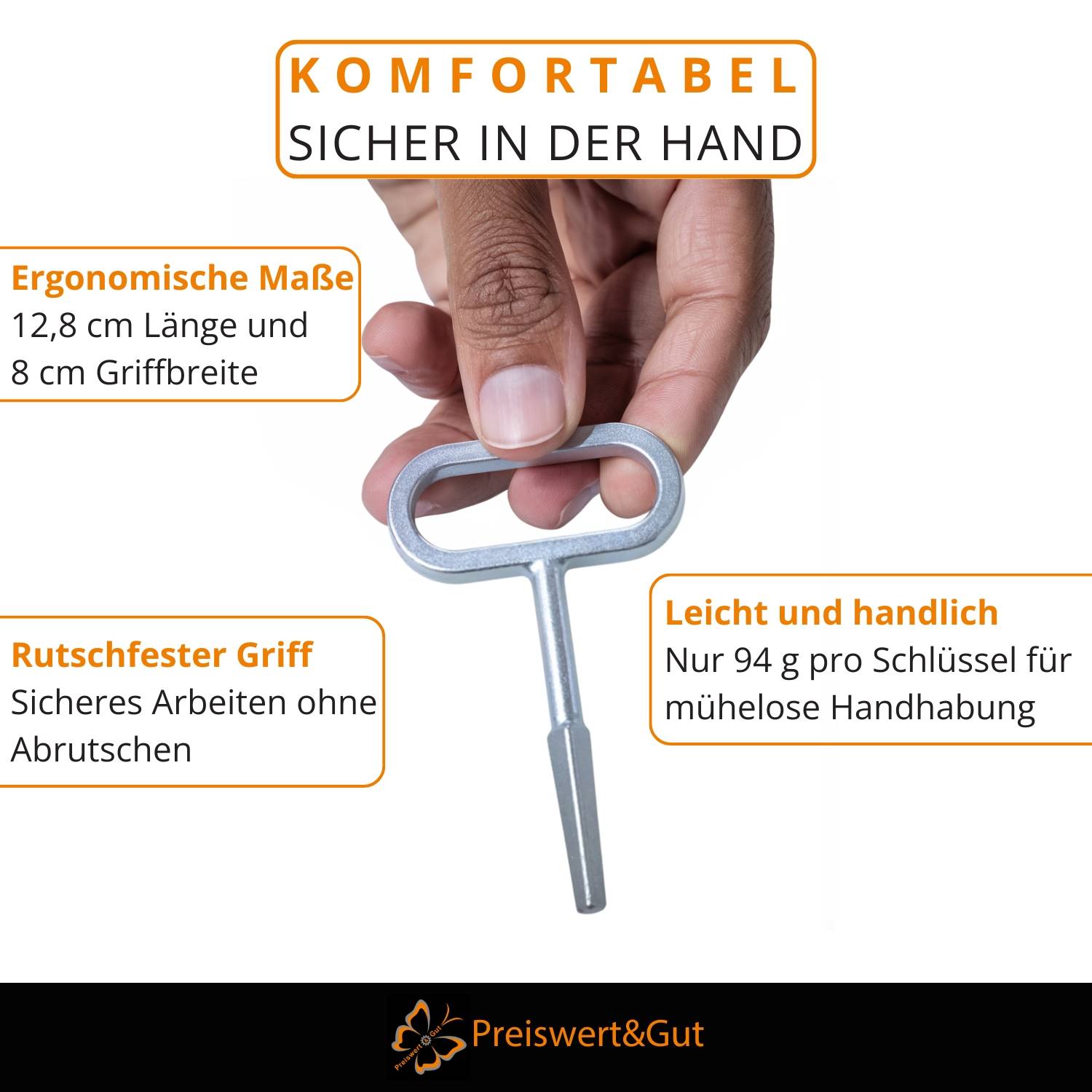 Eine Hand, die ein Werkzeug hält, mit Betonung auf ergonomischem Design, sicherem Griff und leichter Bauweise für einfache Handhabung. Etikett: 'Preiswert&Gut'.
