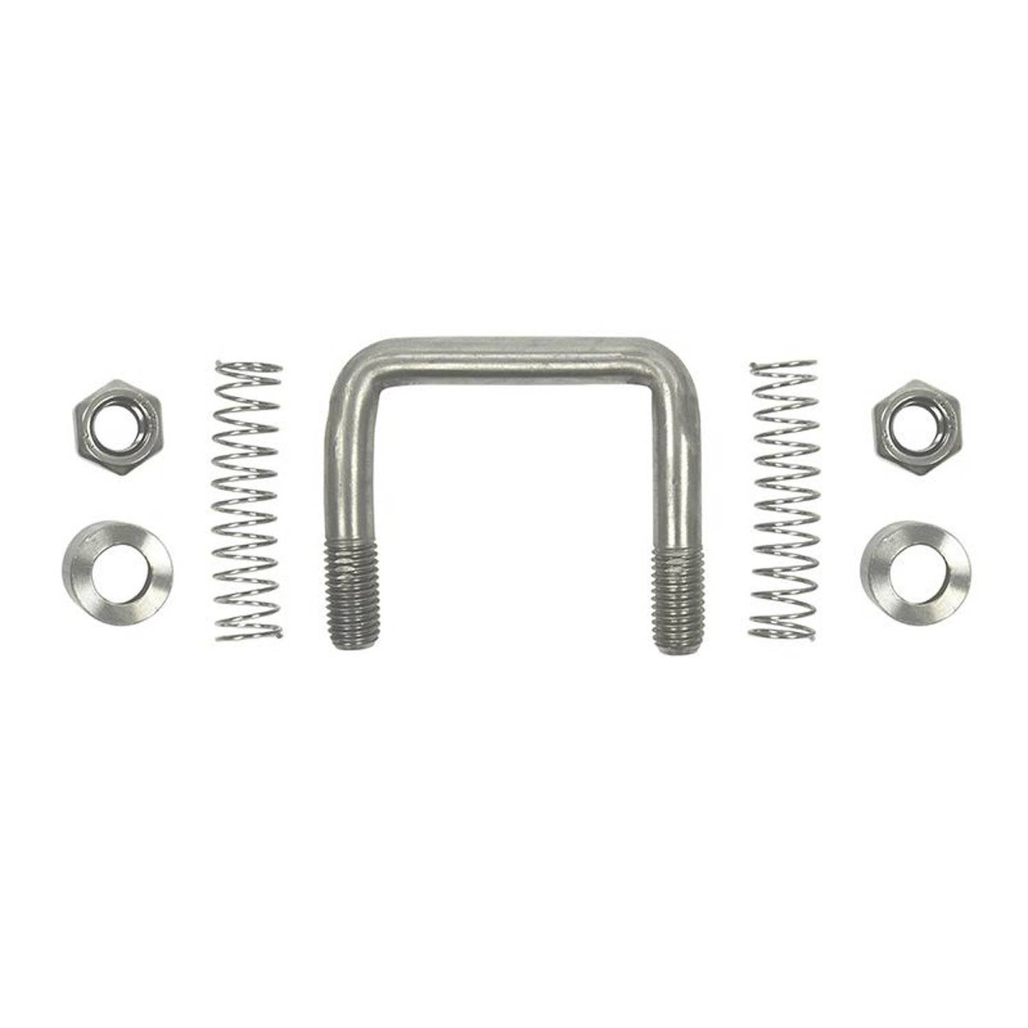 U-Bolzen-Montageset mit symmetrisch angeordneten Muttern, Federn und Unterlegscheiben.