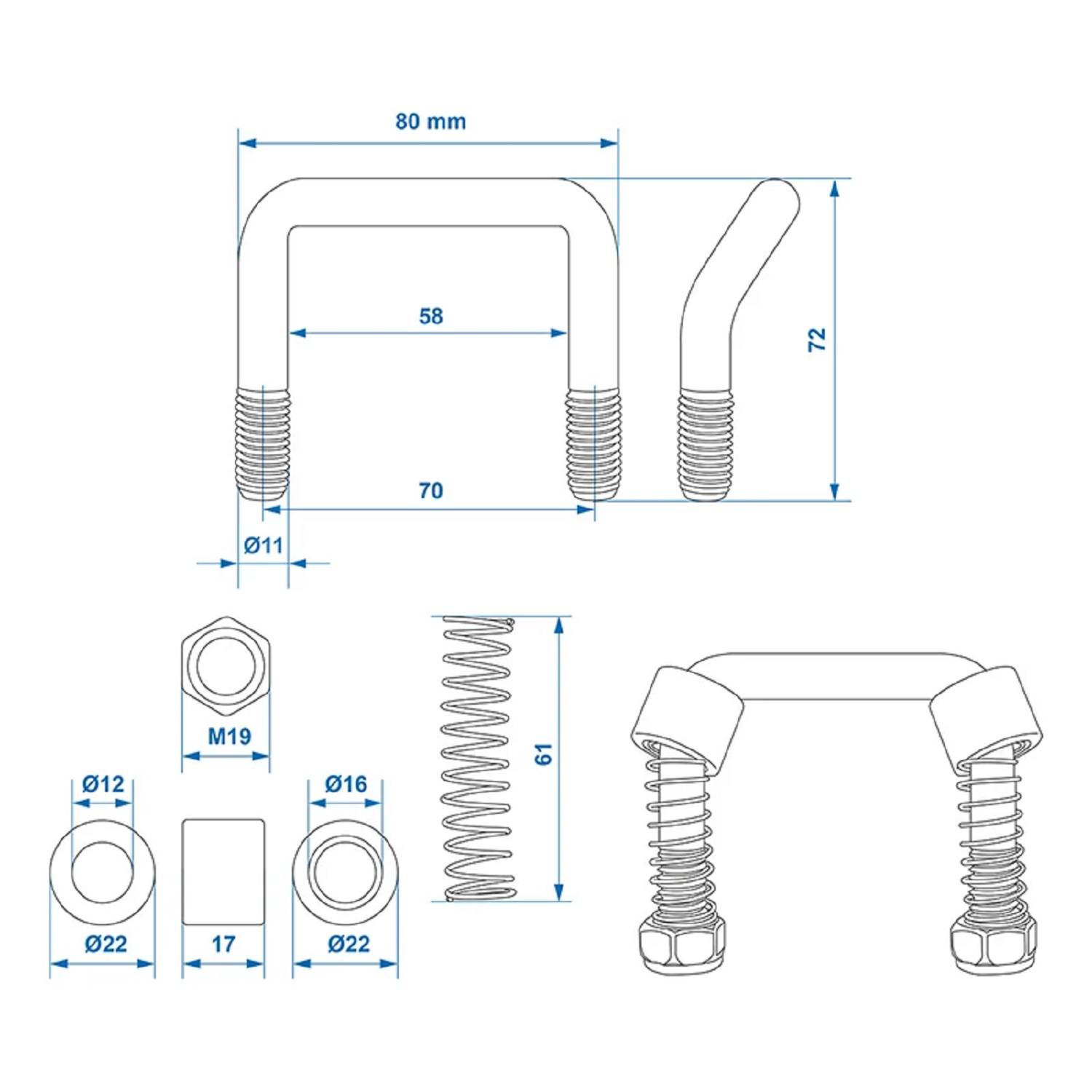 Technische Zeichnung einer U-Bolzen-Montage mit Abmessungen: Breite 80 mm, Innenbreite 58 mm, Höhe 72 mm und Gewindeteilen.