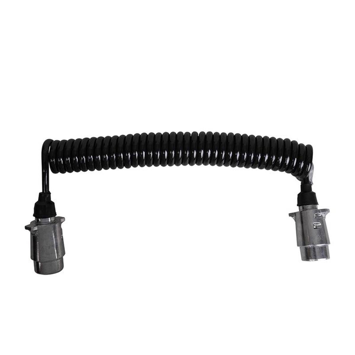 Ein gewickeltes schwarzes Kabel mit Steckern an beiden Enden, verwendet für elektrische oder Datenübertragung, isoliert auf weißem Hintergrund.