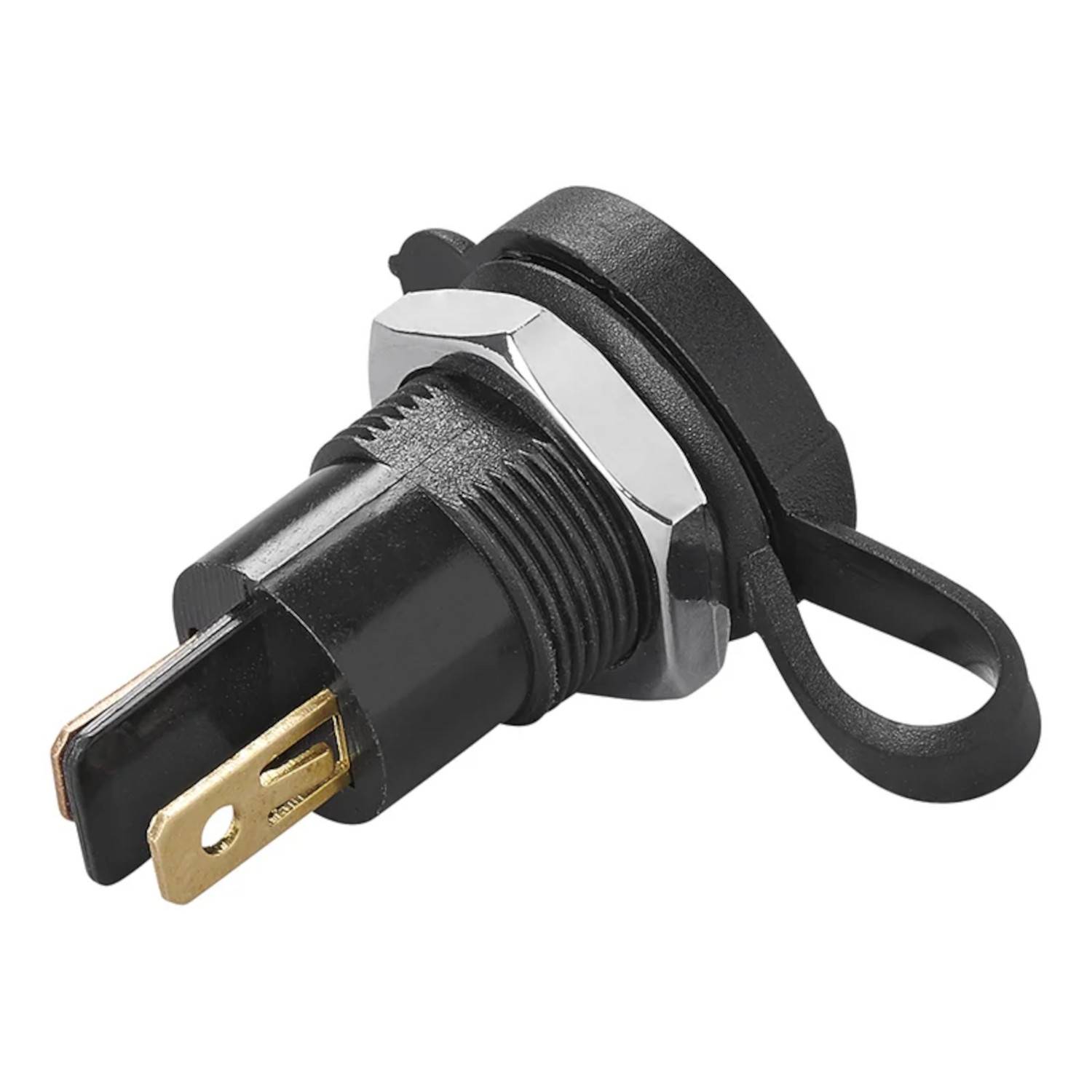 Ein schwarzer und silberner elektrischer Steckverbinder mit einer geloopten Gummiklappe, wahrscheinlich für Auto- oder Marineverkleidung, der Metallstecker zeigt.