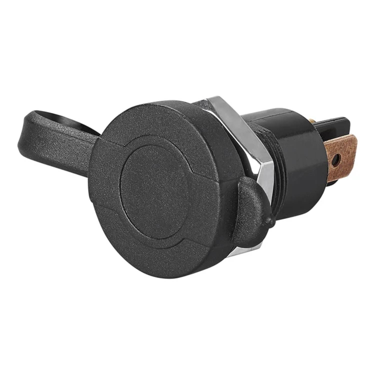 Ein schwarzes elektrisches Bauteil mit Verkabelung und einem kreisförmigen Gehäuse, möglicherweise ein Automotive- oder Industrieschalter, von der Seite betrachtet.