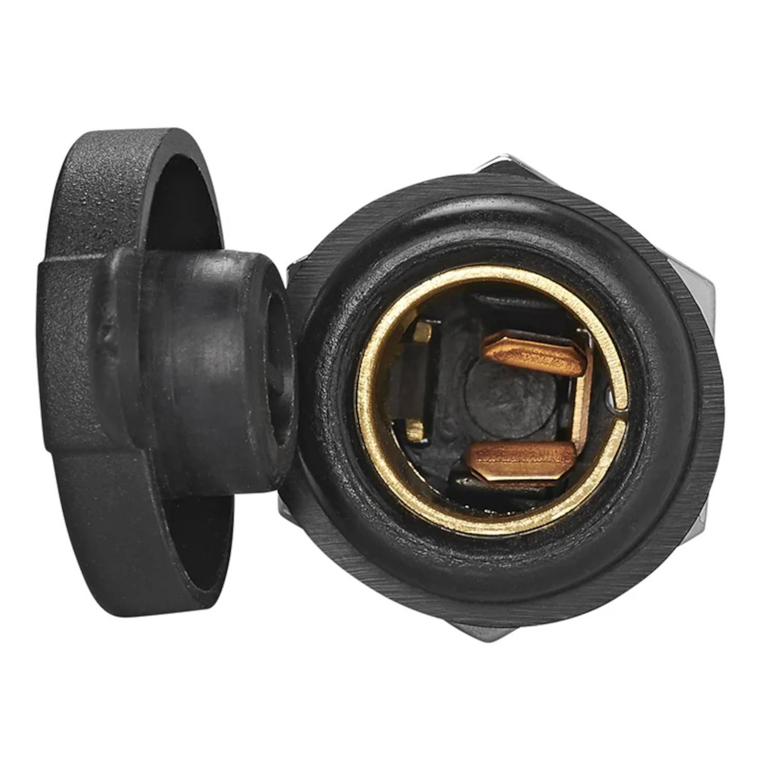 Schwarzer und goldener elektrischer Steckverbinder mit offener Kappe, die metallische Kontakte im Inneren zeigt. Wird für Stromverbindungen in Fahrzeugen oder Geräten verwendet.