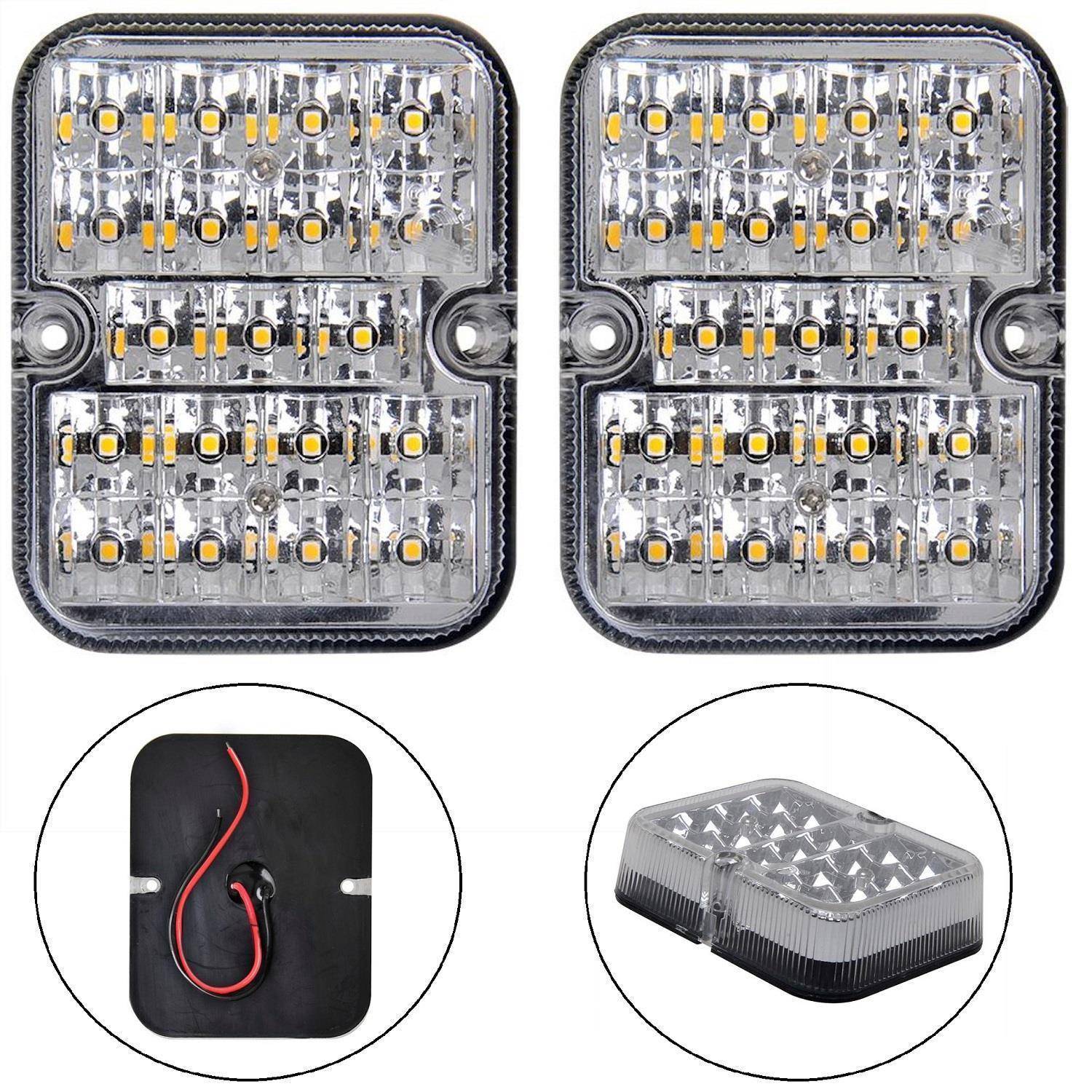 Zwei rechteckige LED-Leuchten mit mehreren kleinen Glühbirnen, daneben eine Ansicht der Rückseite mit Verkabelung und eine Seitenansicht, die die transparente Linsentextur zeigt.