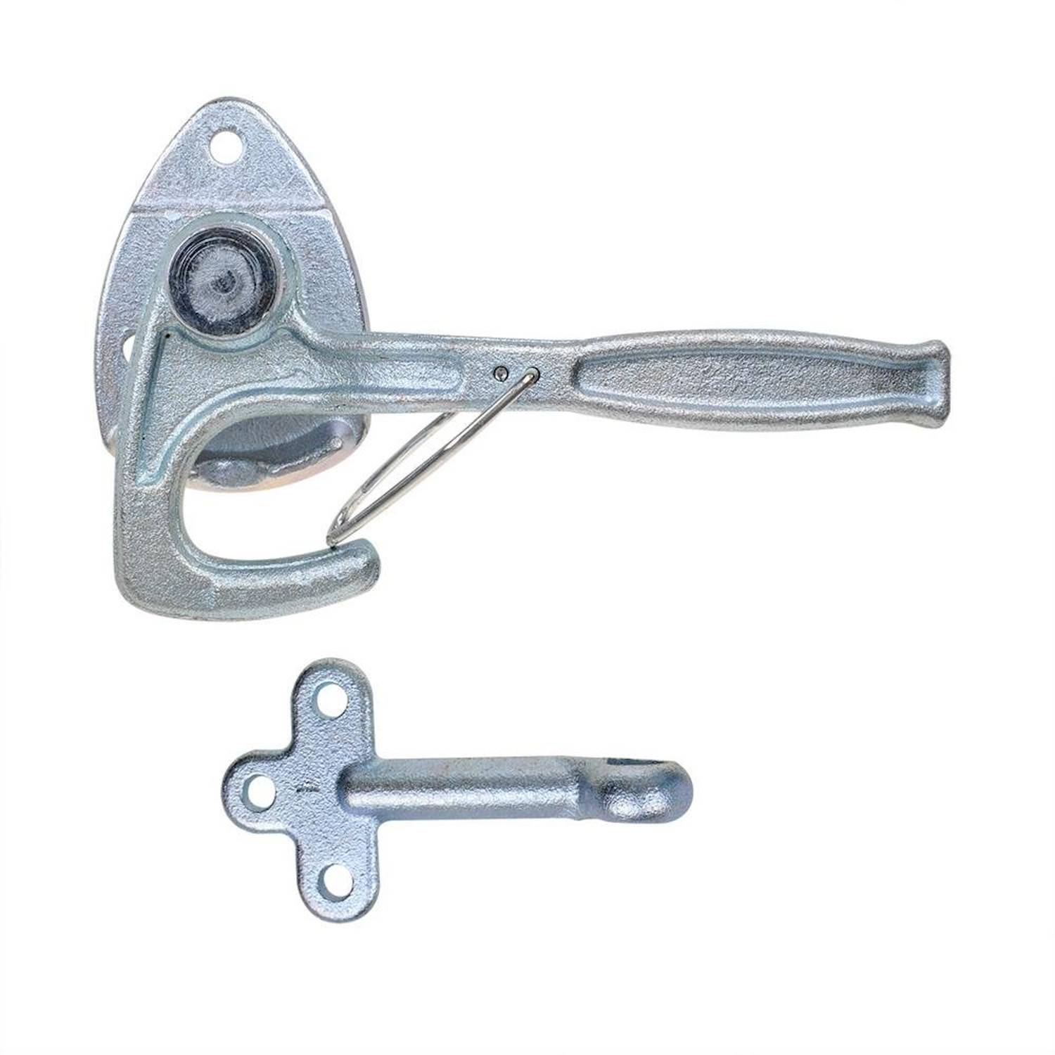 Metallriegel- und Haken-Mechanismus zum Sichern von Toren oder Türen, ausgestattet mit einem Hebelarm und einem separaten Hakenstück mit Befestigungslöchern.