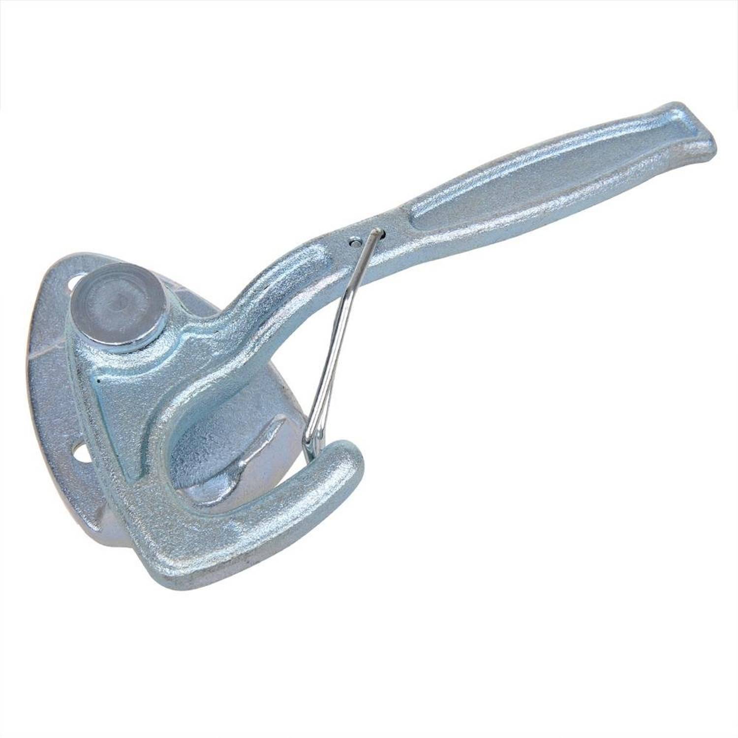 Ein Dosenöffner aus Metall mit einem rotierenden Griff und einer scharfen Klinge zum Schneiden und Öffnen von Konserven. Er hat eine silberne Oberfläche mit einem schlichten Design.