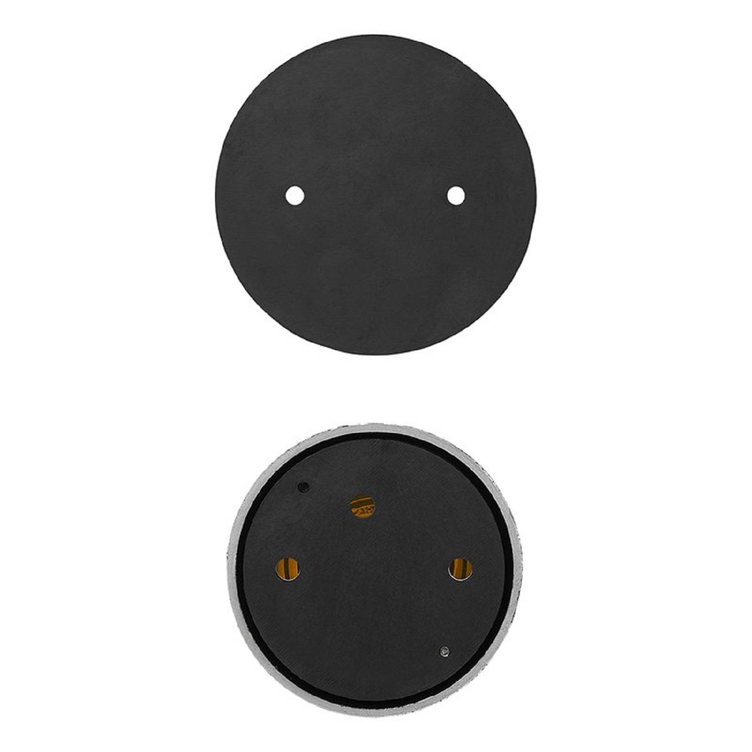 Kreisförmige Montagehalterung und Basisabdeckung in schwarzer Ausführung, mit zwei Schrauböffnungen für eine sichere Befestigung.