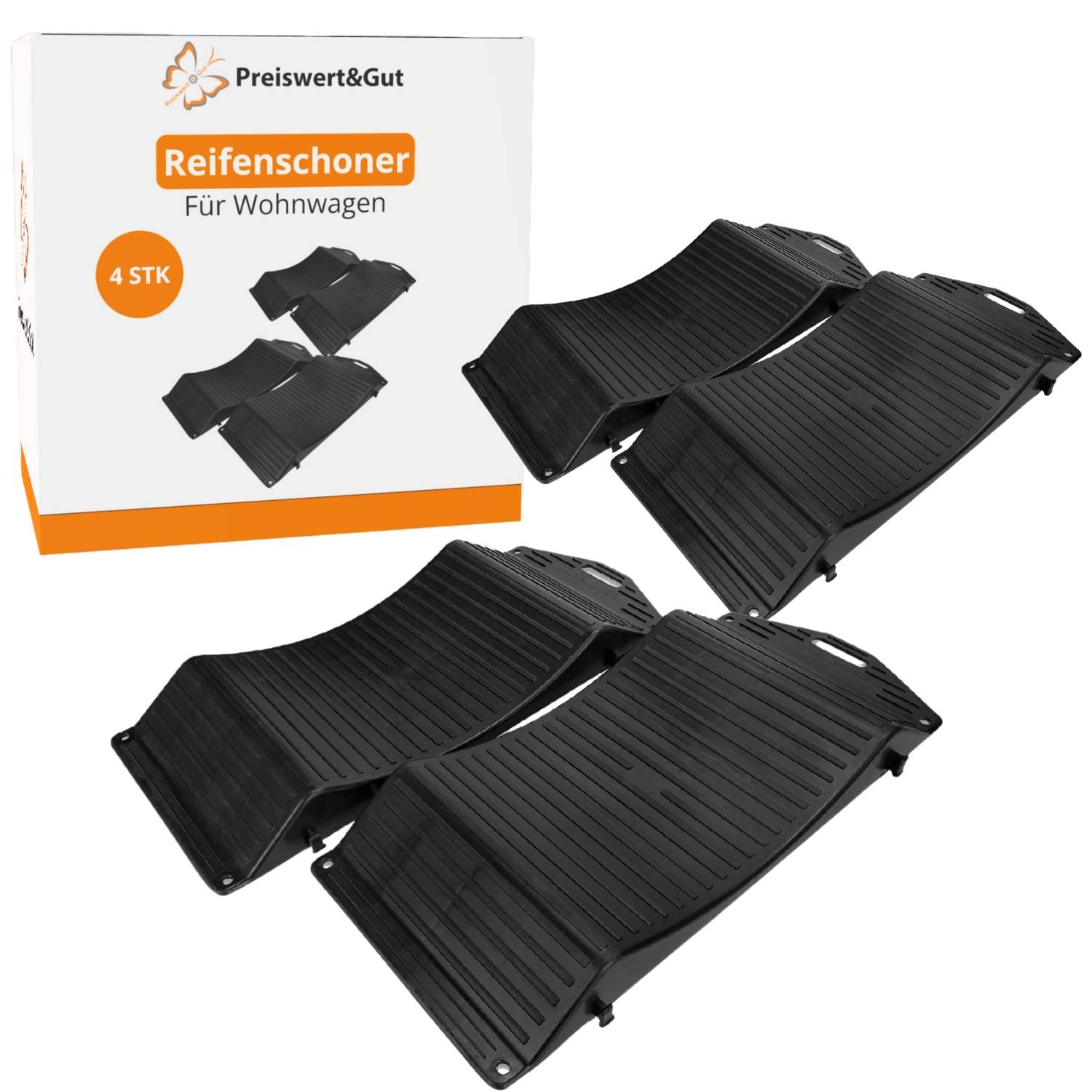 Vier schwarze Reifenschoner für Wohnwagen ausgestellt, neben Verpackung mit der Aufschrift 'Preiswert&Gut Reifenschoner Für Wohnwagen 4 STK
