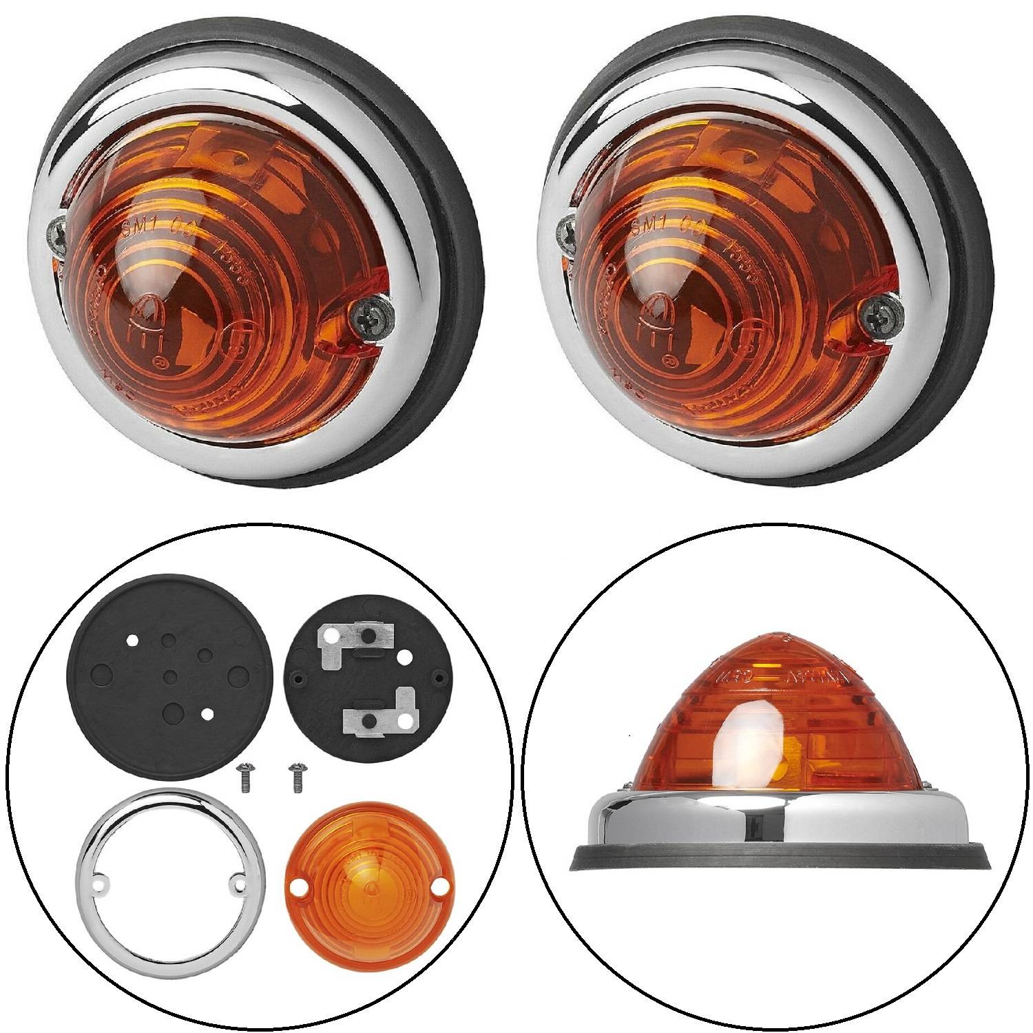 Zwei runde Bernstein-LED-Anhängerleuchten, jeweils mit verchromtem Rand. Bild enthält Explosionsdarstellung: Linse, Sockel, Schrauben.
