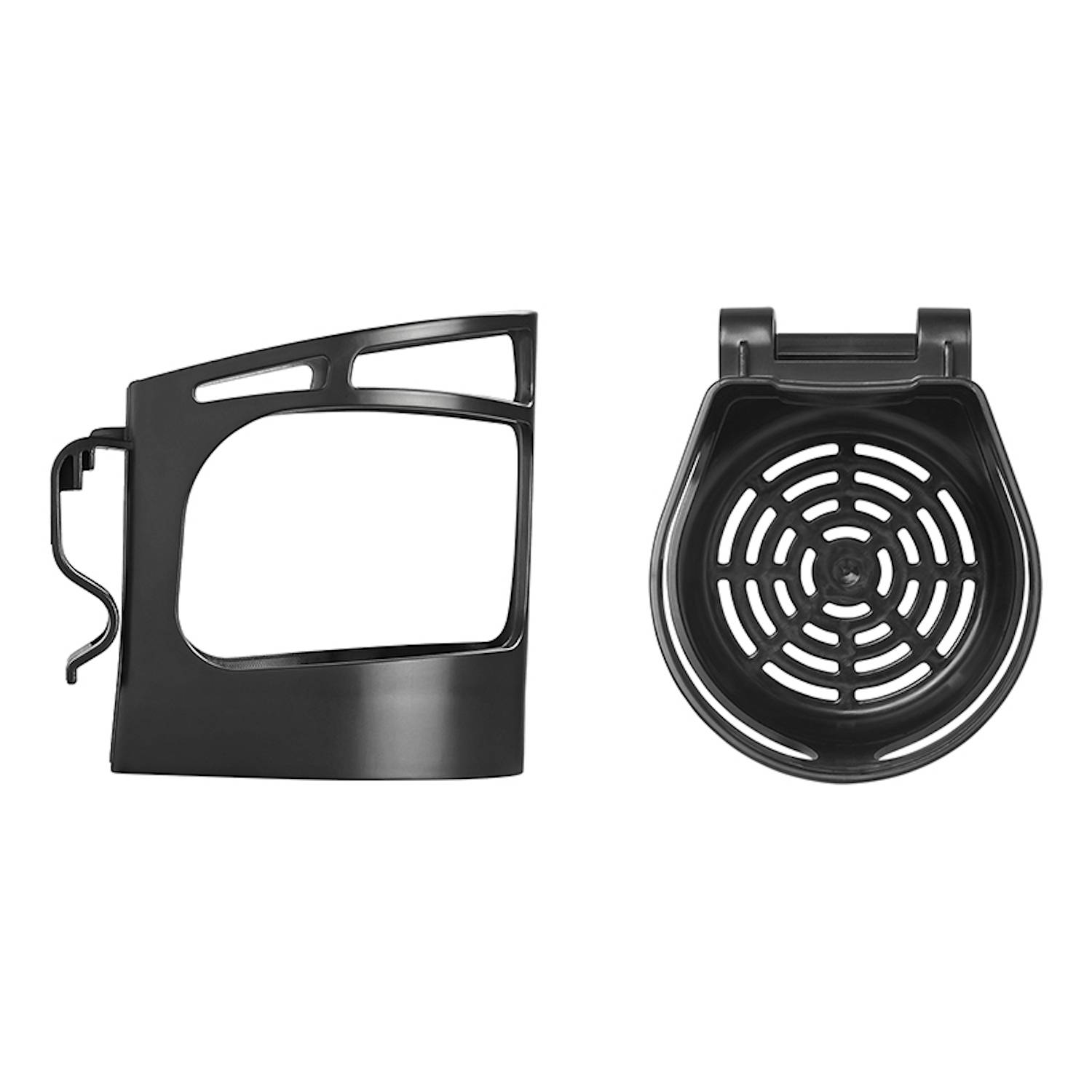 Zwei schwarze Auto-Becherhalter: einer mit offenen Seiten, einer mit einer kreisförmigen Basis, vor einem weißen Hintergrund präsentiert.