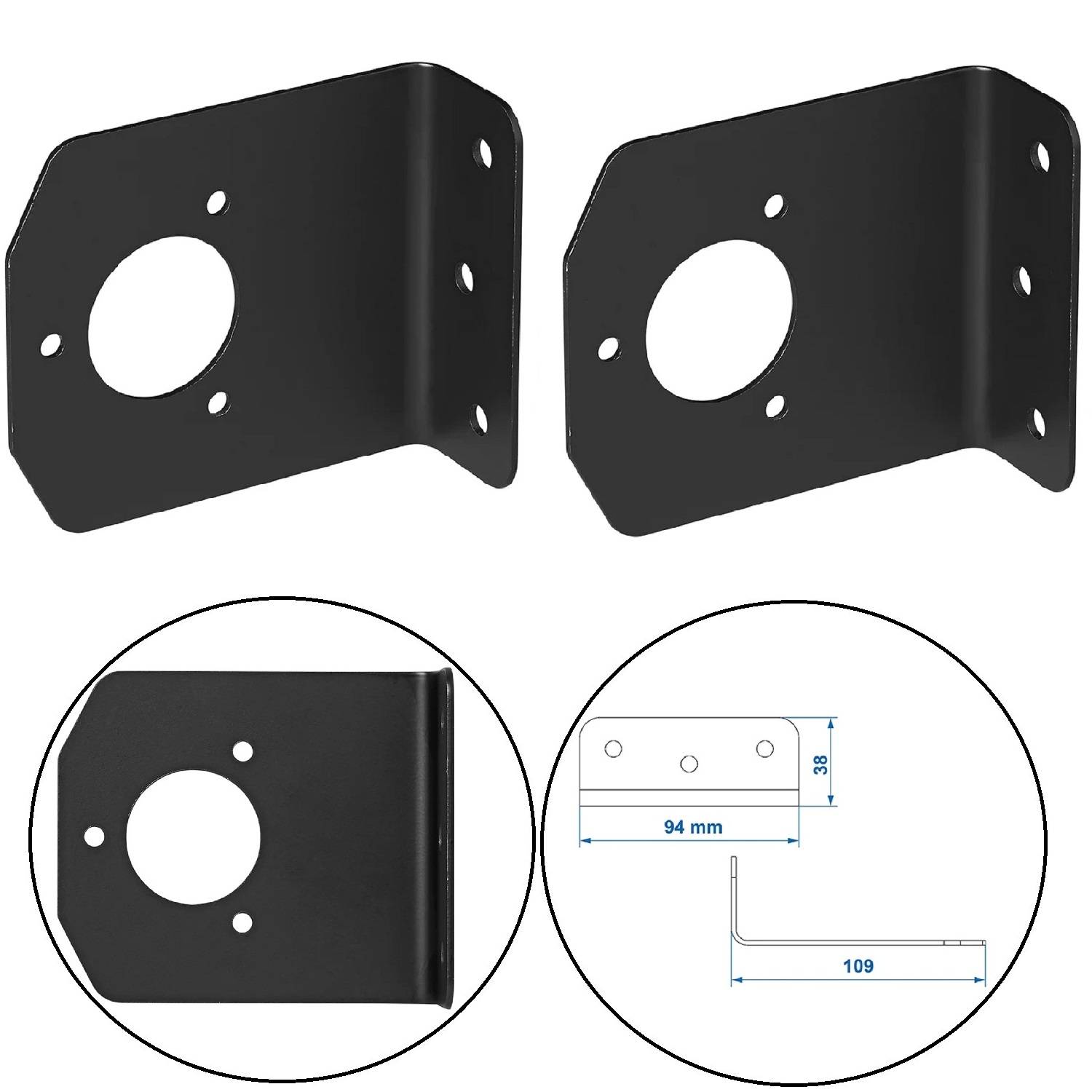 Zwei schwarze L-förmige Halterungen mit mehreren Löchern, aus zwei verschiedenen Perspektiven dargestellt. Eine Halterung wird mit Maßen gezeigt: 94 mm breit, 38 mm hoch und 109 mm tief.