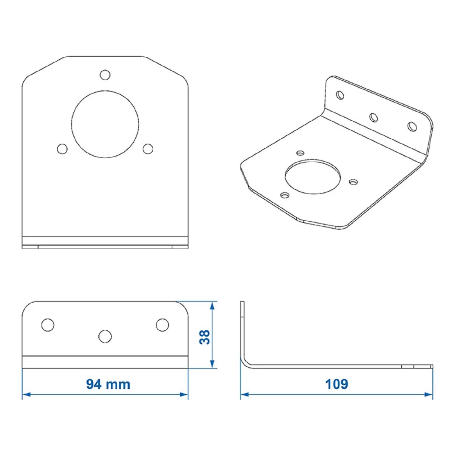 Technische Zeichnung einer L-förmigen Metallhalterung mit Maßangaben: 94 mm breit und 109 mm tief, mit mehreren Befestigungslöchern versehen.