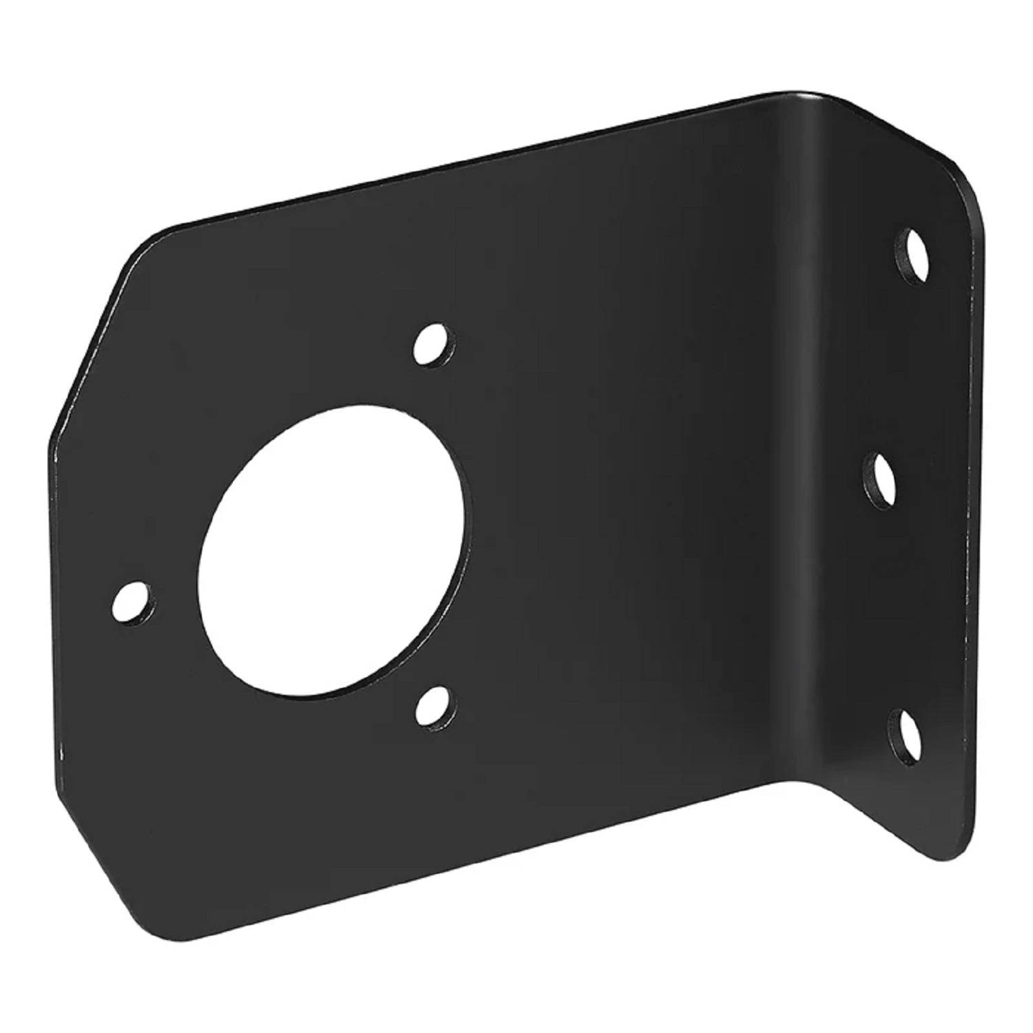 Ein schwarzer Metallhalter mit einer kreisförmigen Aussparung und vier Befestigungslöchern, konzipiert zum Abstützen oder Verbinden von Strukturen.