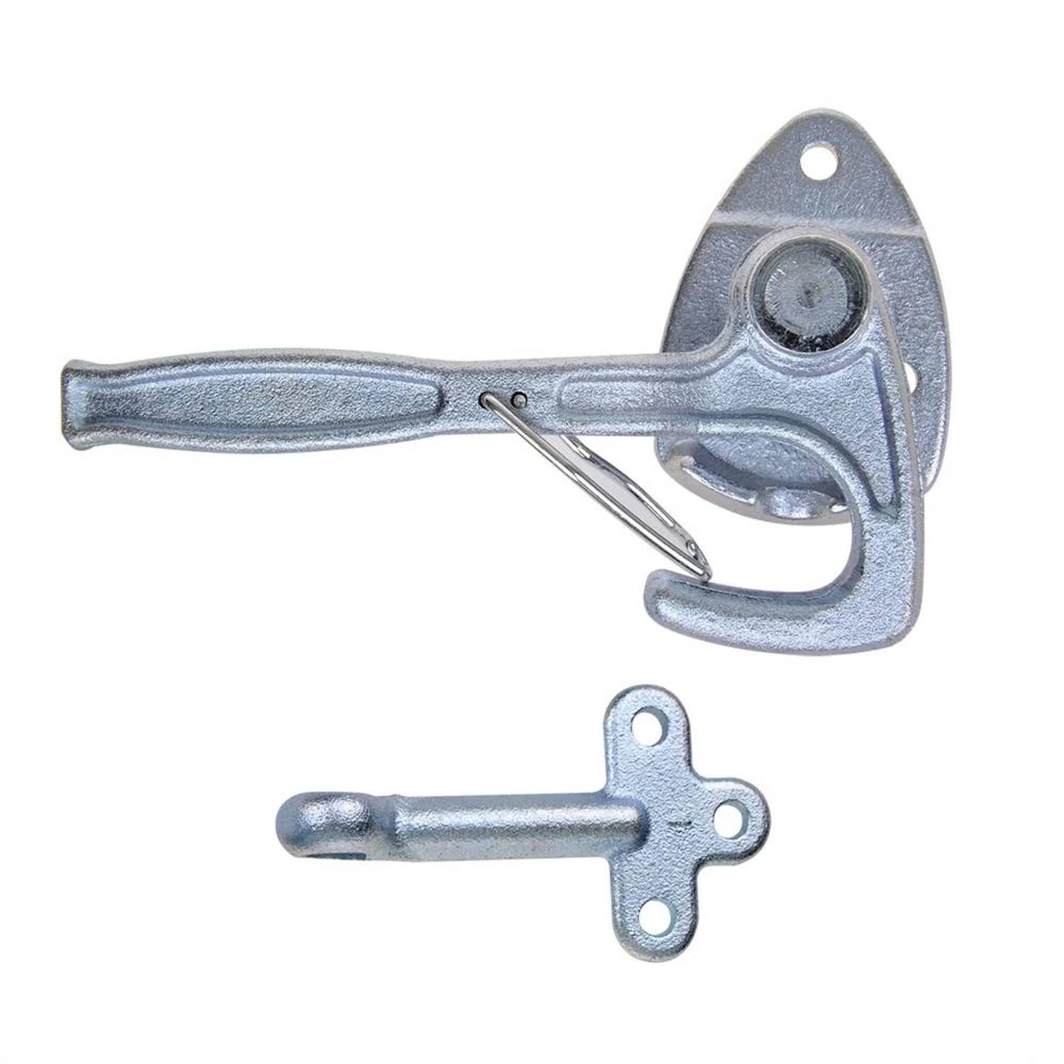 Ein Vintage-Silber-Dosenöffner mit abnehmbarem Griff und dreieckiger Basis, dargestellt neben seiner separaten Wandhalterung.