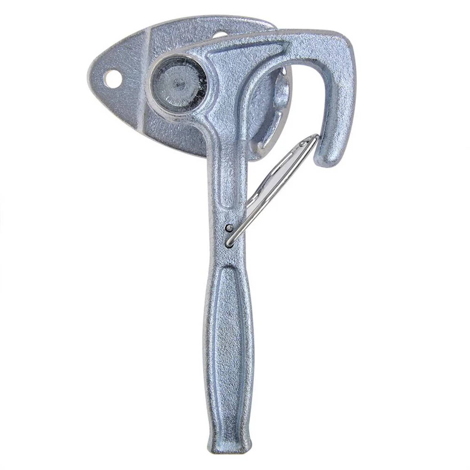 Ein metallischer Wandflaschenöffner mit einem einfachen, geschwungenen Design und einem stabilen Hebel zum Flaschenöffnen.