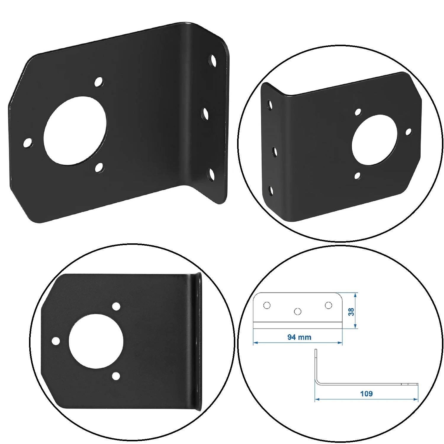 Schwarze Metallhalterung mit kreis- und rechteckigen Ausschnitten, aus verschiedenen Blickwinkeln dargestellt. Abmessungen: 94 mm x 109 mm bei einer Höhe von 38 mm.