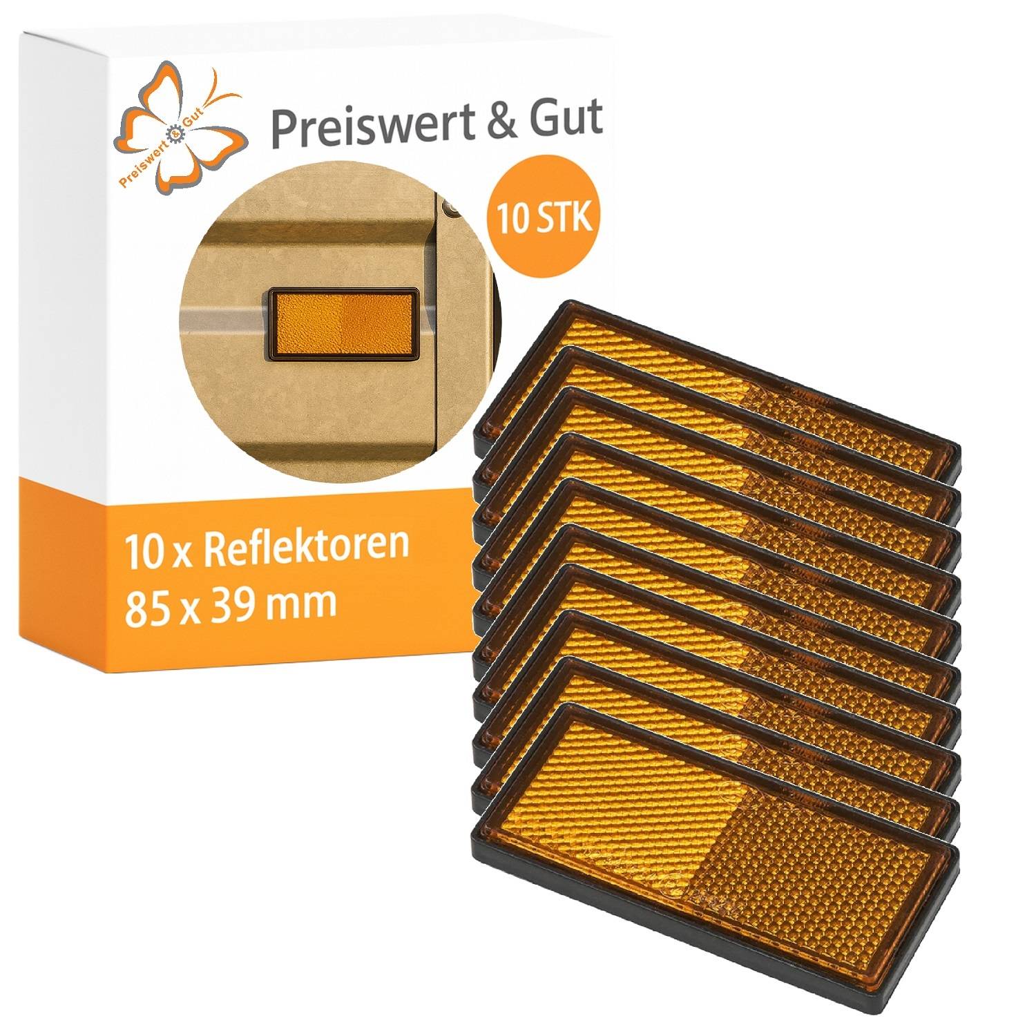 Die Marke 'Preiswert & Gut' bietet einen Satz von 10 rechteckigen orangefarbenen Reflektoren, die jeweils 85 x 39 mm messen und zur Verbesserung der Sichtbarkeit entwickelt wurden.
