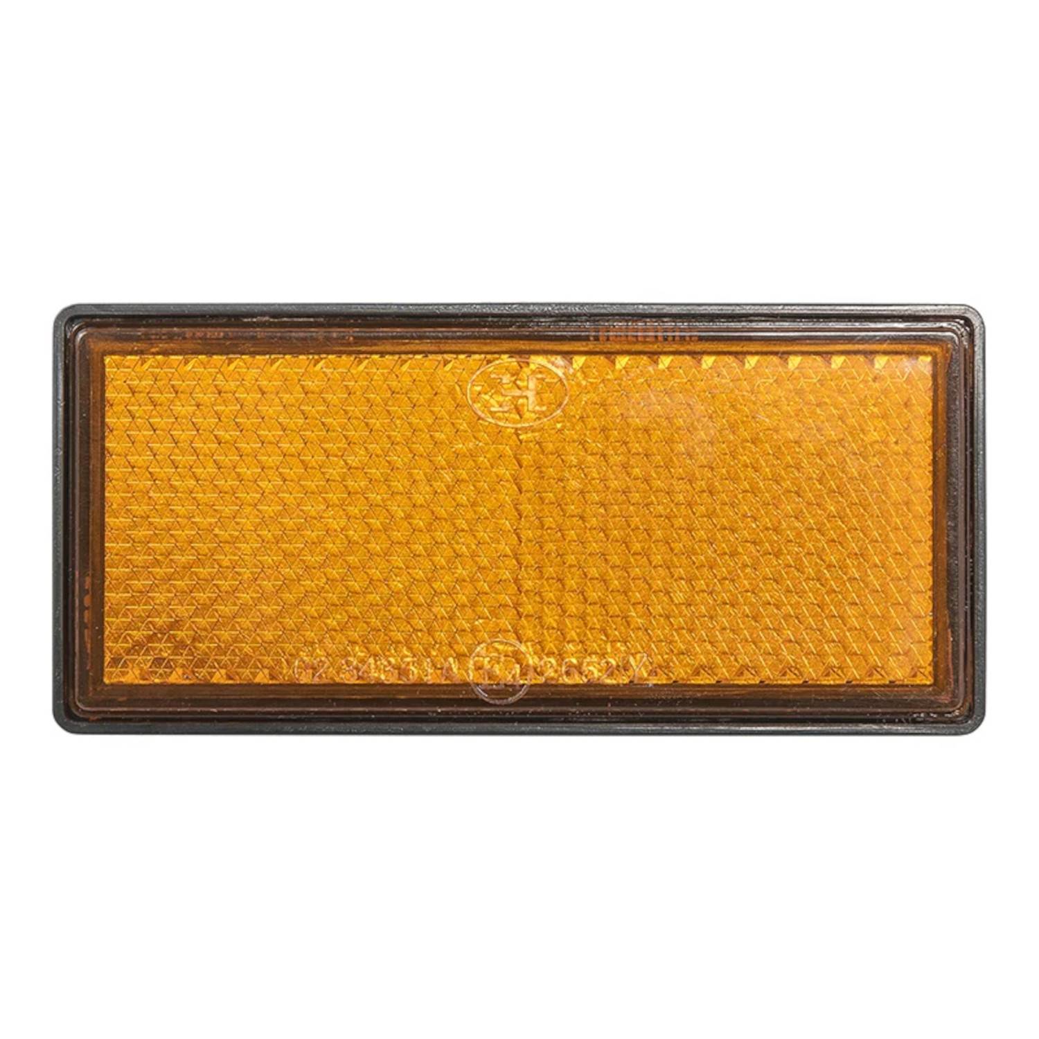 Rechteckiger Bernstein-Rückstrahler mit strukturierter Oberfläche, in Schwarz gerahmt. Wird zur Sichtbarkeit oder Sicherheit verwendet, typischerweise an Fahrzeugen oder auf Straßen.