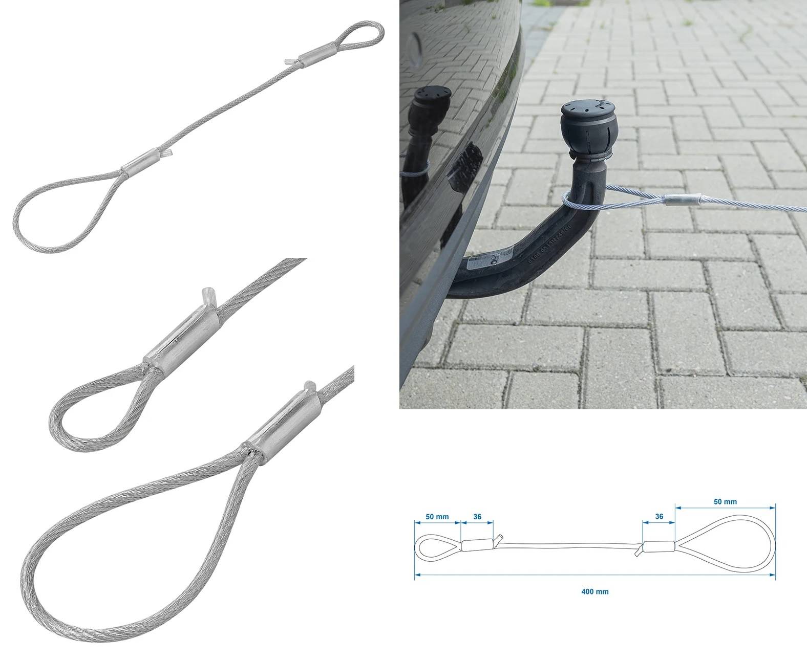 Anhängerkupplung mit zwei Sicherheitskabeln, die die Verbindung zu einem Fahrzeug zeigt. Diagramm veranschaulicht Kabelabmessungen: 400 mm Länge, 36 mm Schlaufenbreite.