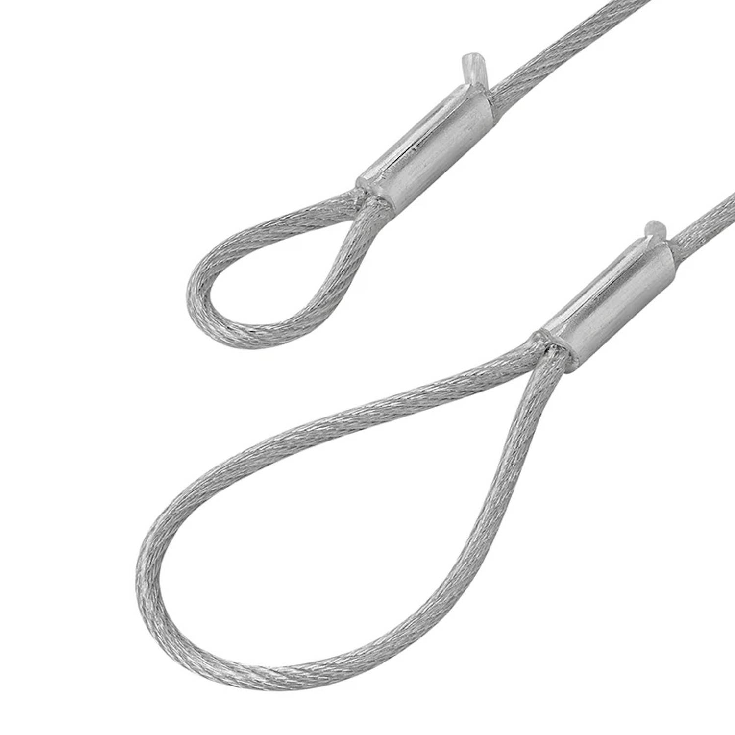 Zwei Metallseilschlaufen mit gequetschten Aluminium-Presshülsen, die häufig zum Aufhängen oder Sichern von Gegenständen verwendet werden.