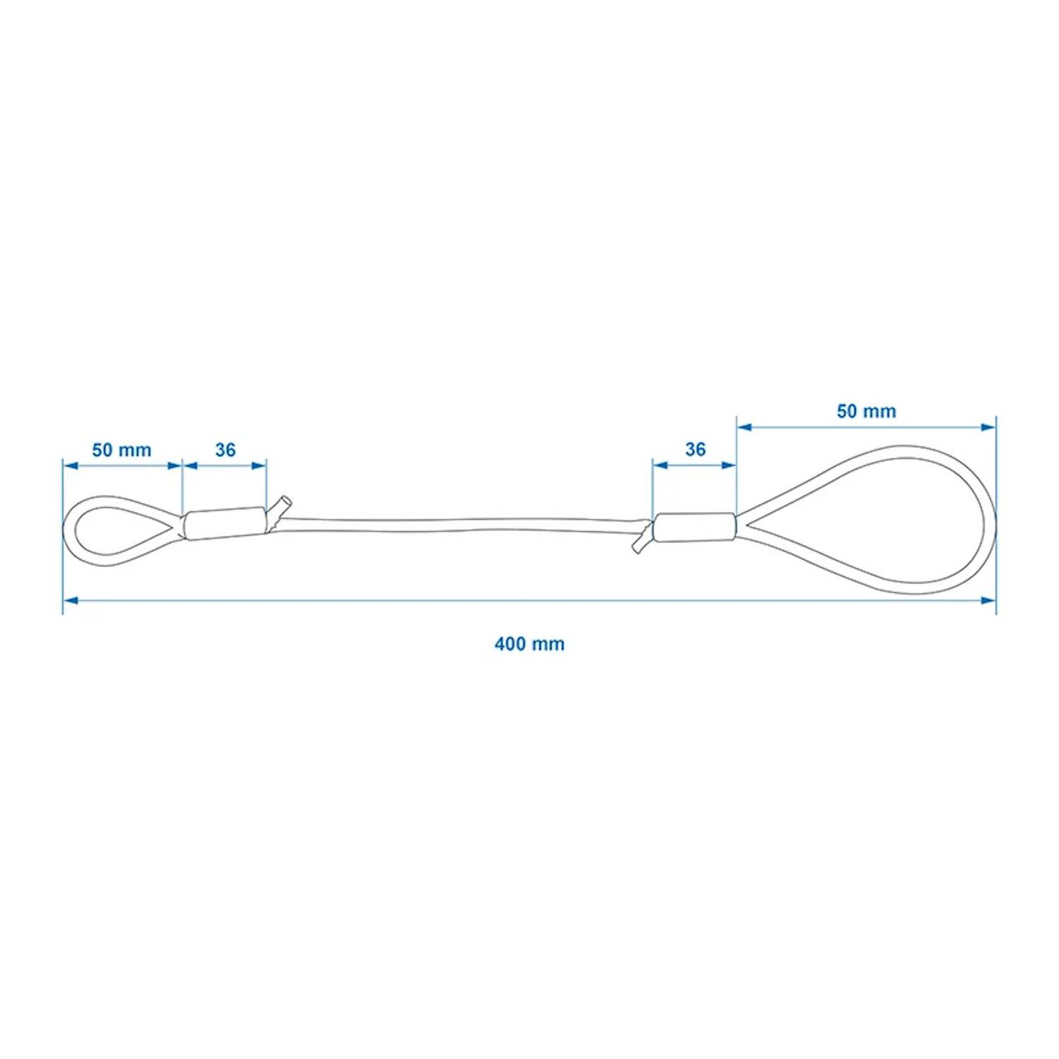 Diagramm eines Kabels mit zwei Schlaufen an jedem Ende. Gesamtlänge beträgt 400 mm; jede Schlaufe ist 50 mm lang, mit einem 36 mm langen Segment zwischen den Schlaufen und dem Kabel.