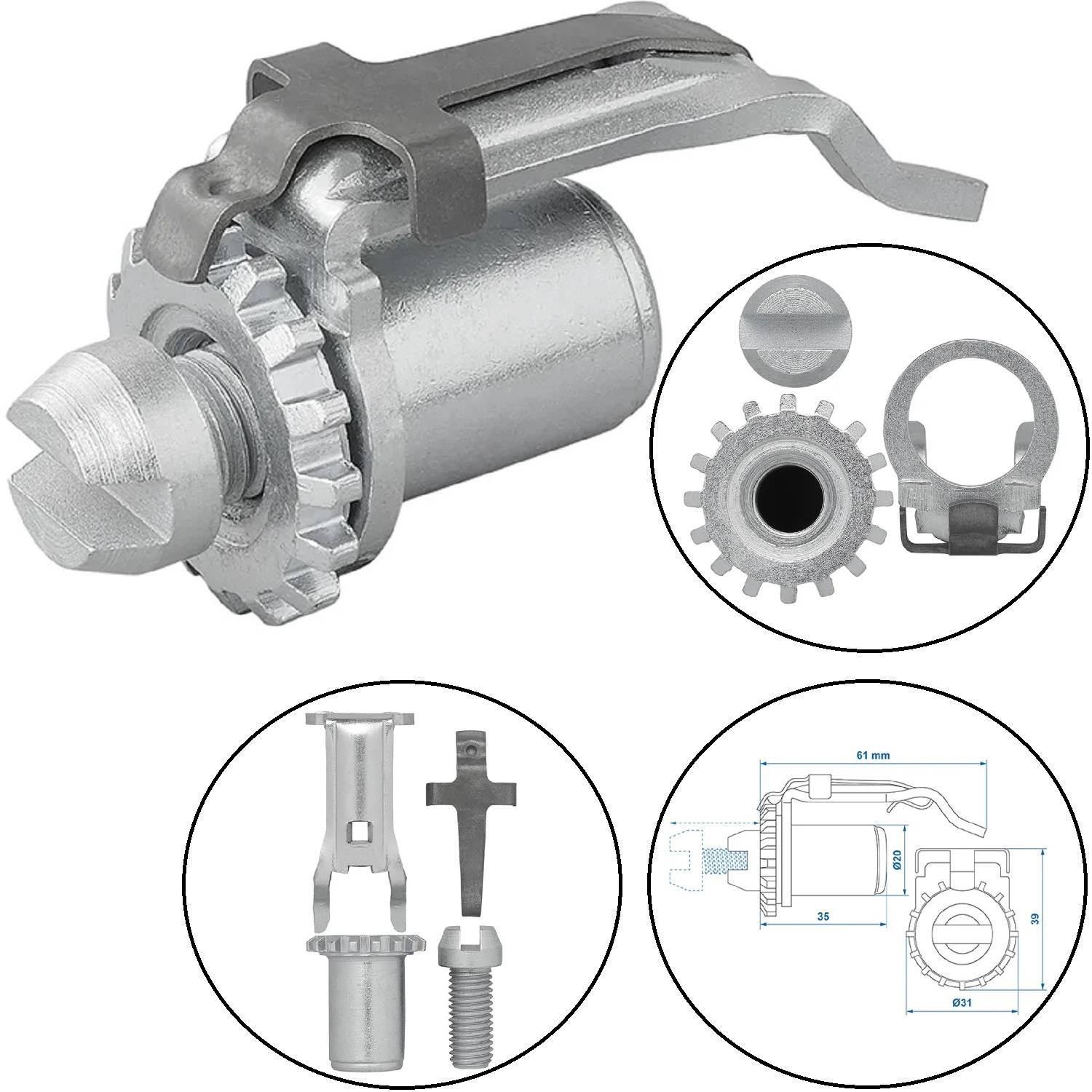 Ein Kammerverriegelungsmechanismus mit mehreren Ansichten: Explosionszeichnung, innere Komponenten und technische Zeichnung mit Maßen und Bauteilbezeichnungen.