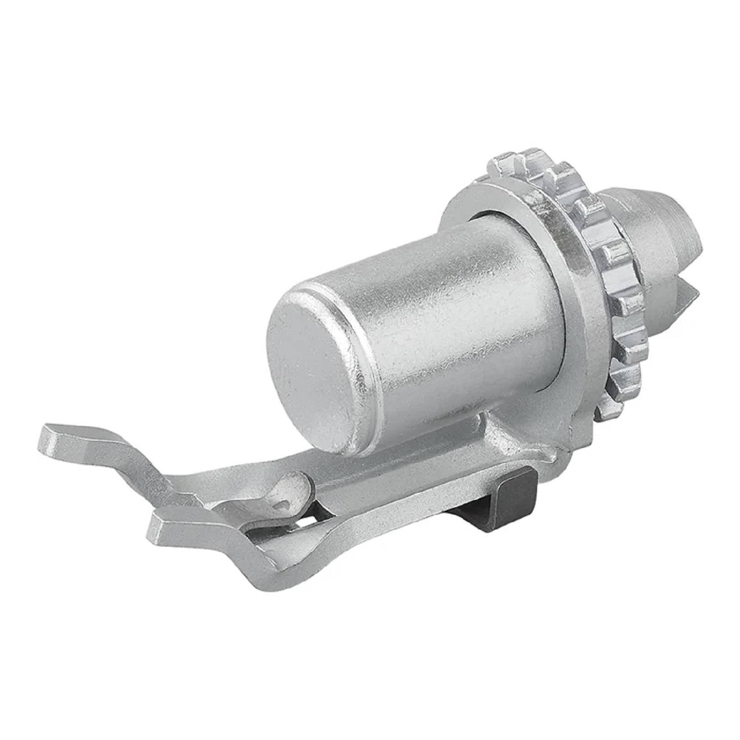 Ein silberner, zylindrischer Metallmechanikerteil mit einem Zahnrad und einer Klammer, der wahrscheinlich in Maschinen- oder Fahrzeuganwendungen verwendet wird, auf weißem Hintergrund.