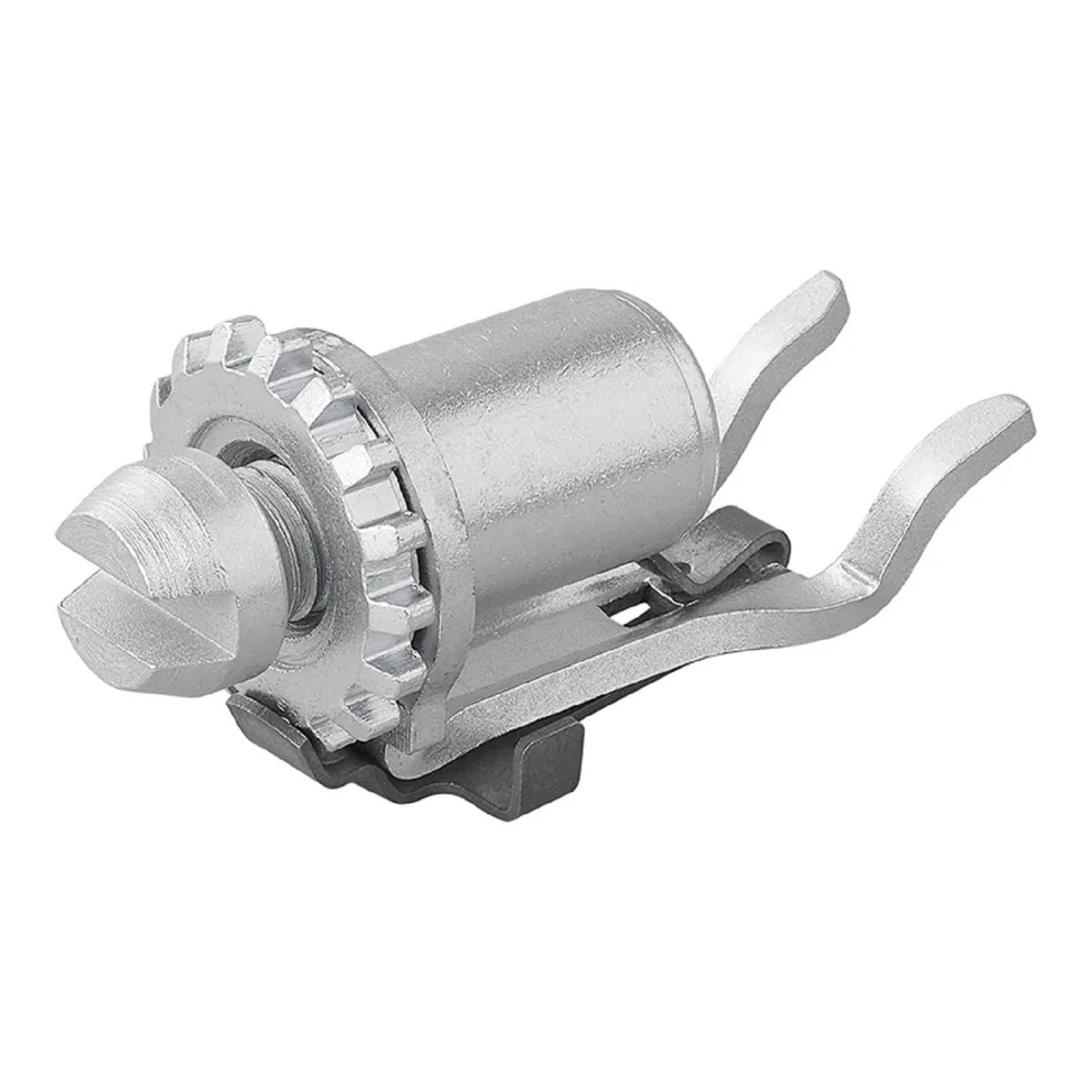 Eine silberne metallische Riegelvorrichtung mit einem zylindrischen Körper und zwei hervorstehenden Haken, die üblicherweise zum Sichern von Türen oder Paneelen verwendet wird.