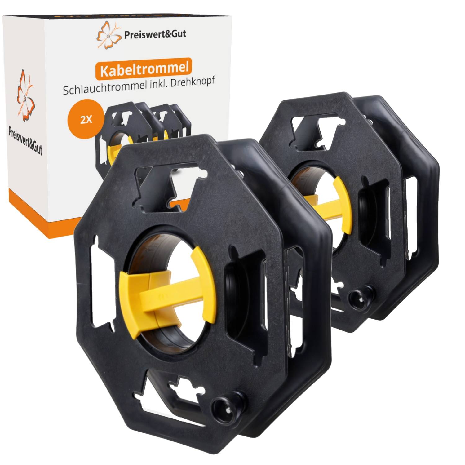 Zwei schwarze Kabeltrommeln mit gelben Griffen sind vor einer Verpackung mit der Aufschrift 