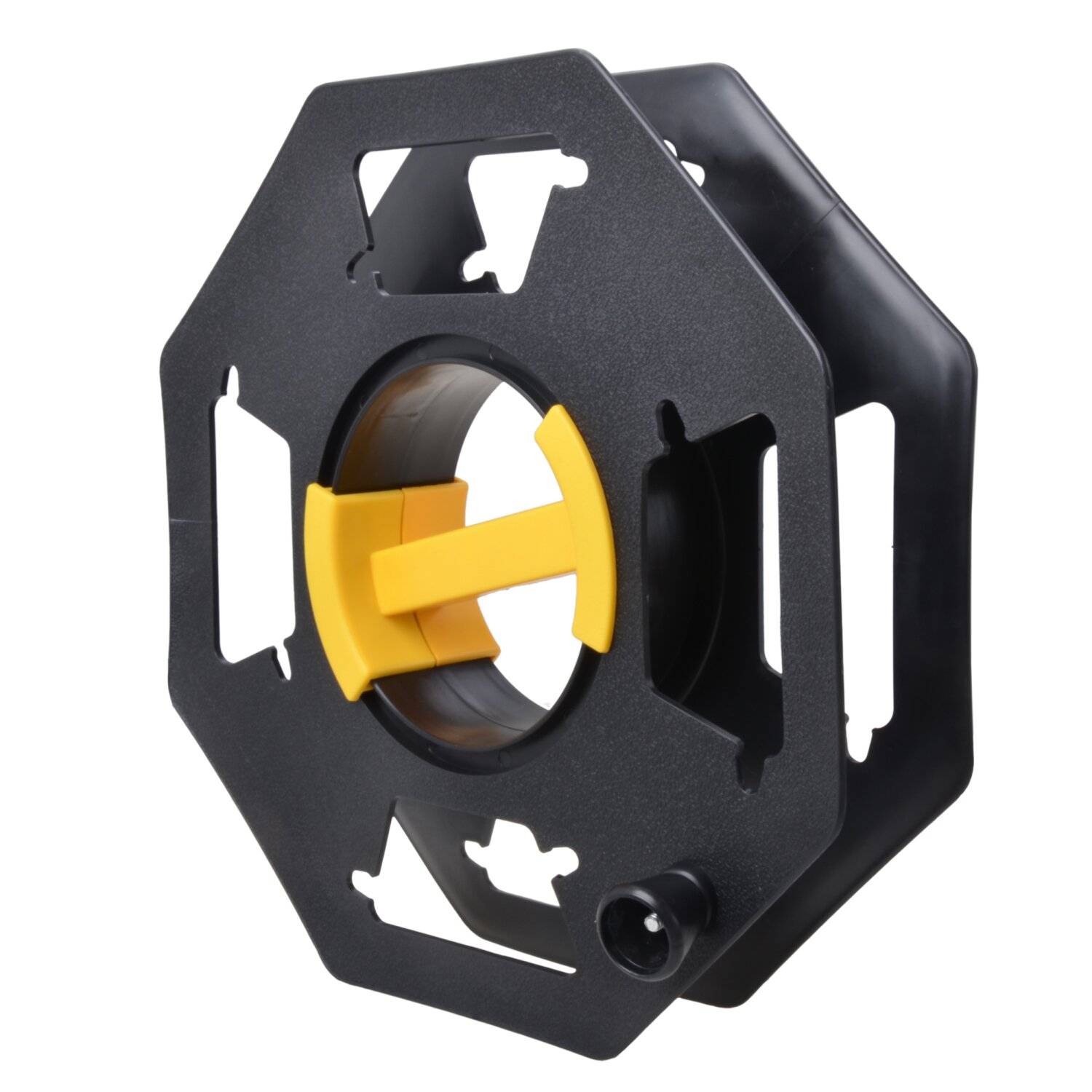 Eine schwarze Kabeltrommel mit hexagonaler Geometrie und einem gelben Griff in der Mitte, verwendet zum Aufwickeln von elektrischen Kabeln.
