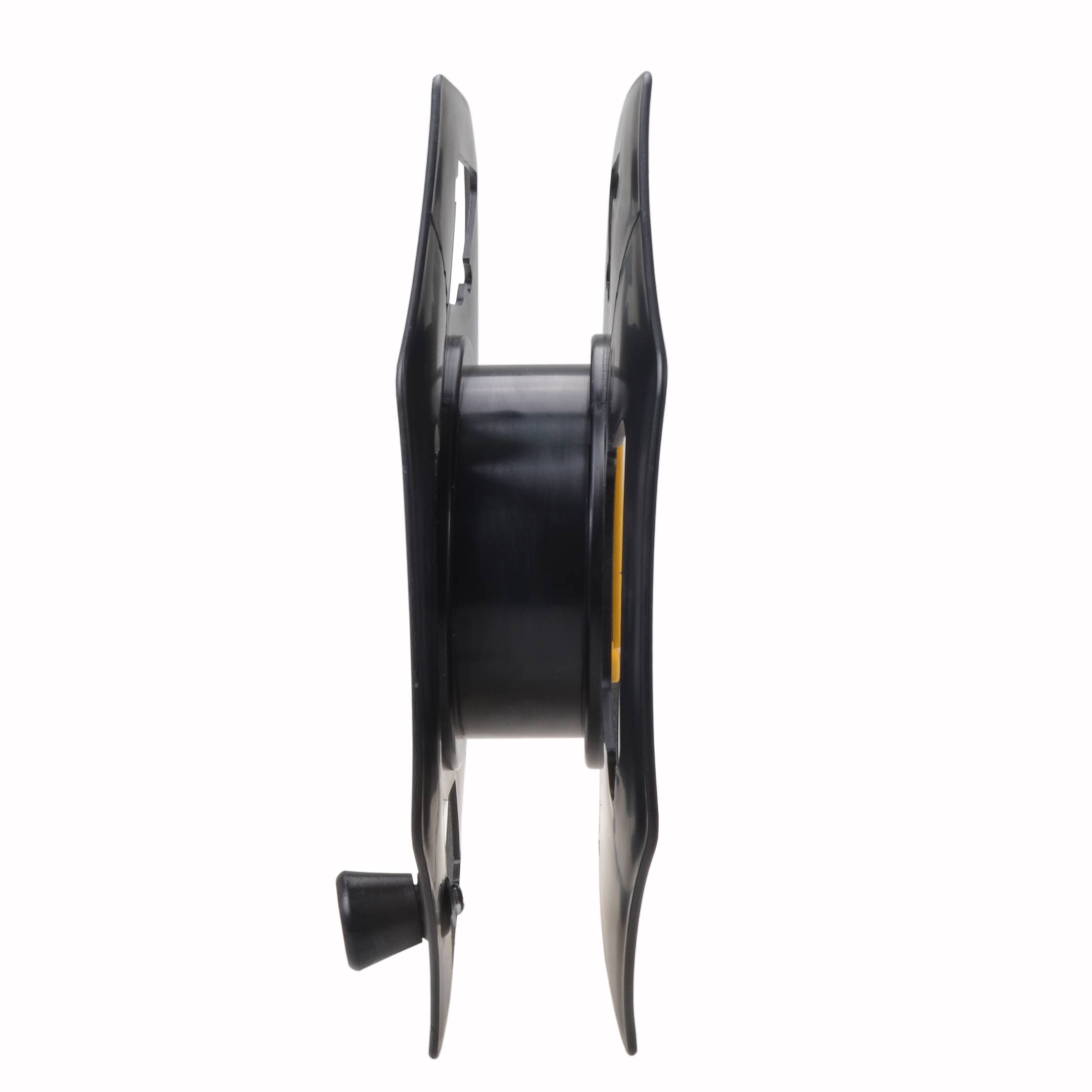 Seitenansicht einer schwarzen TV-Wandhalterung, die ihr kompaktes Design und zwei verstellbare Halterungen zum Befestigen an einem Fernsehdisplay zeigt.