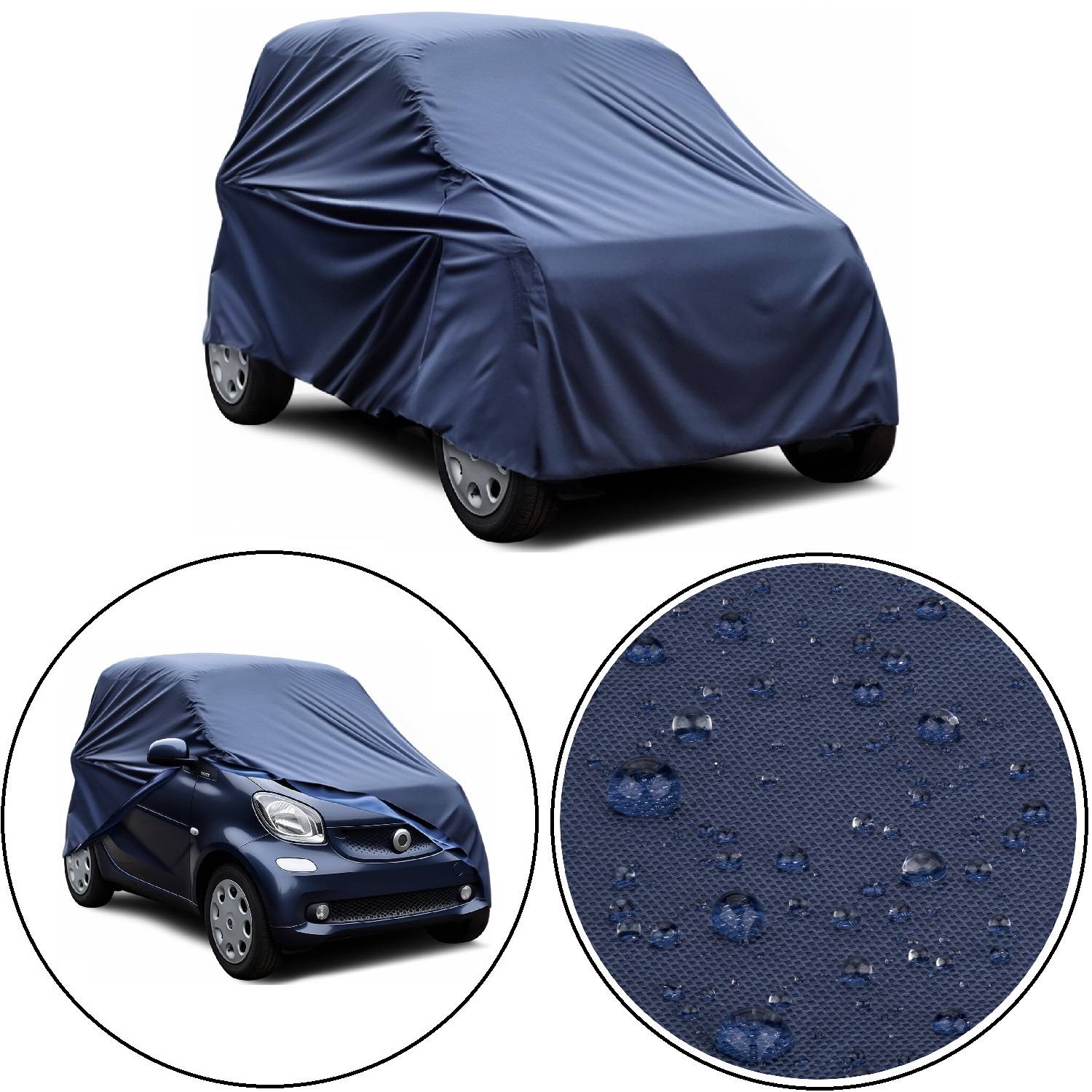 Eine blaue Autoabdeckung schützt ein kleines Auto und unterstreicht seine Passform. Eine Detailansicht zeigt den Stoff der Abdeckung mit Wassertropfen und betont die Wasserabweisende Eigenschaft.