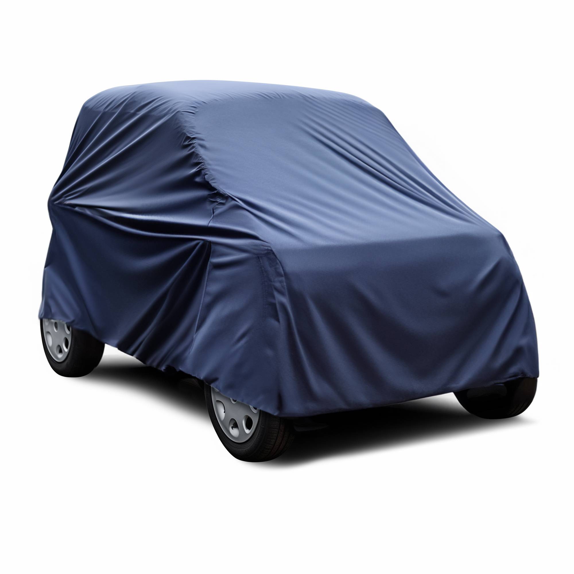 Ein Auto, vollständig mit einer dunkelblauen Schutzplane bedeckt, wobei nur die Räder sichtbar sind. Die Abdeckung schmiegt sich eng um das Fahrzeug.