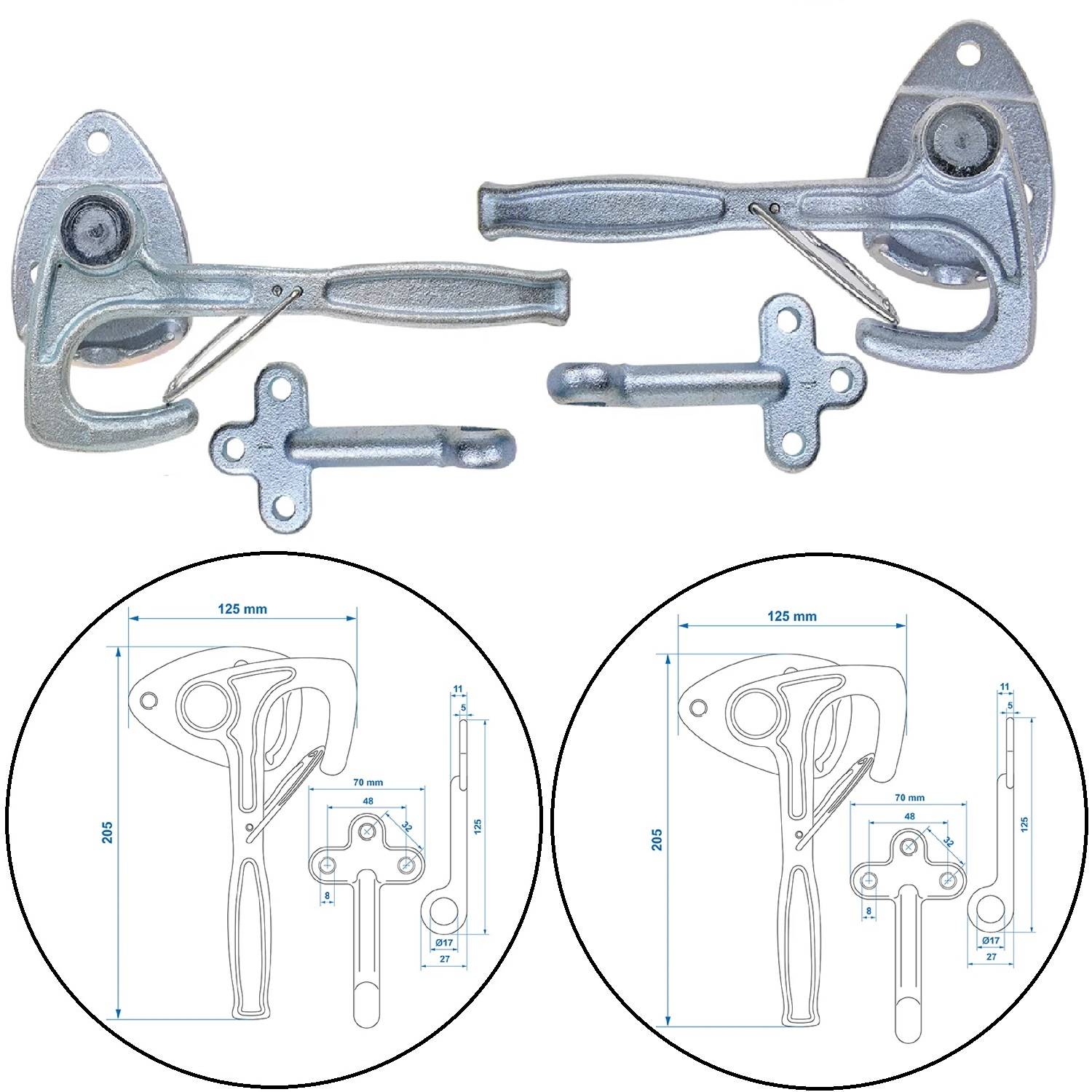 Zwei silberne Fensterriegel mit kreisförmigen Maßdiagrammen darunter, die Abmessungen von 125 mm Länge und 95 mm Höhe anzeigen.