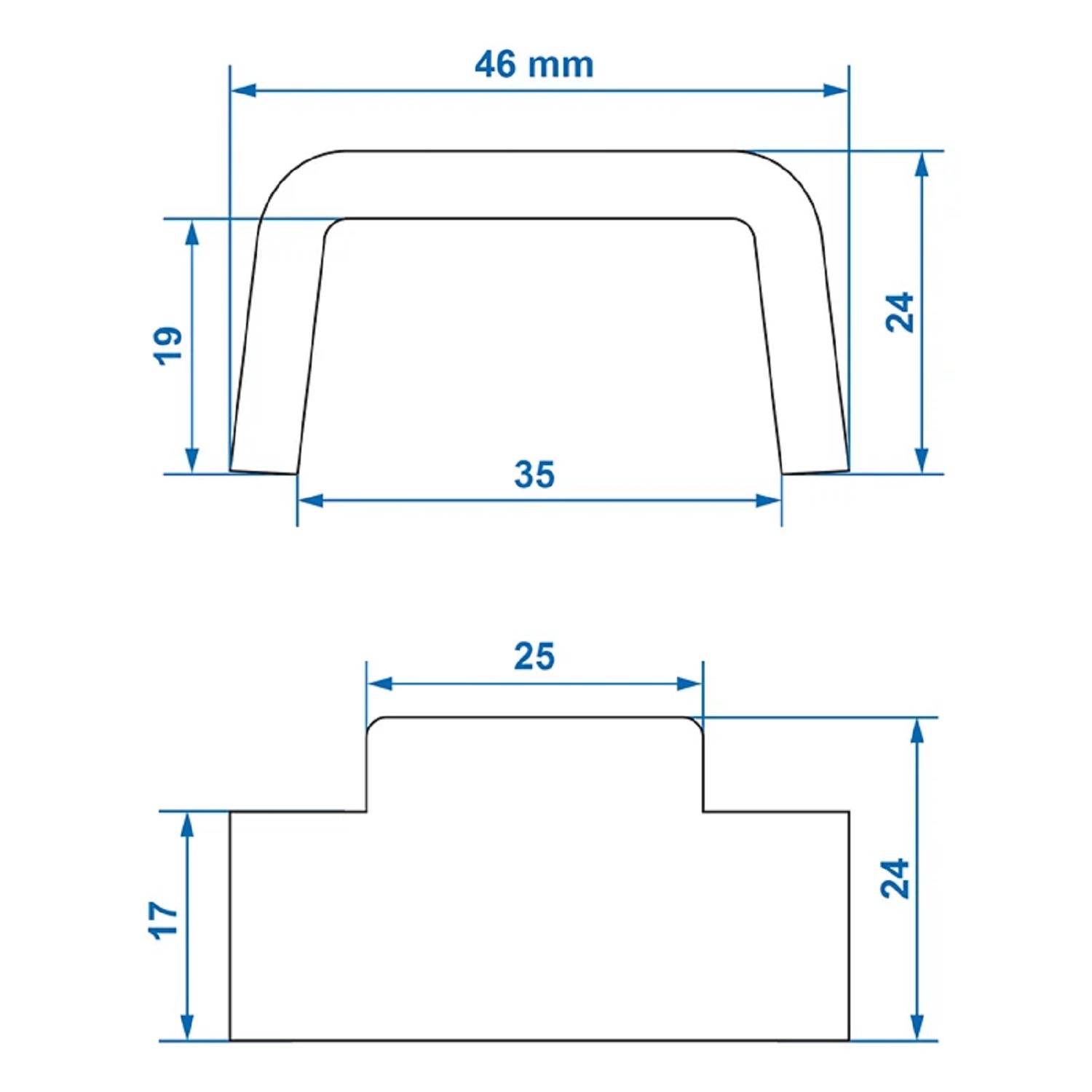 Technische Zeichnung einer Halterung; Draufsicht zeigt eine Breite von 46 mm und eine Innenbreite von 35 mm. Seitenansicht: Höhe 24 mm, Basis 25 mm, Innenhöhe 17 mm.