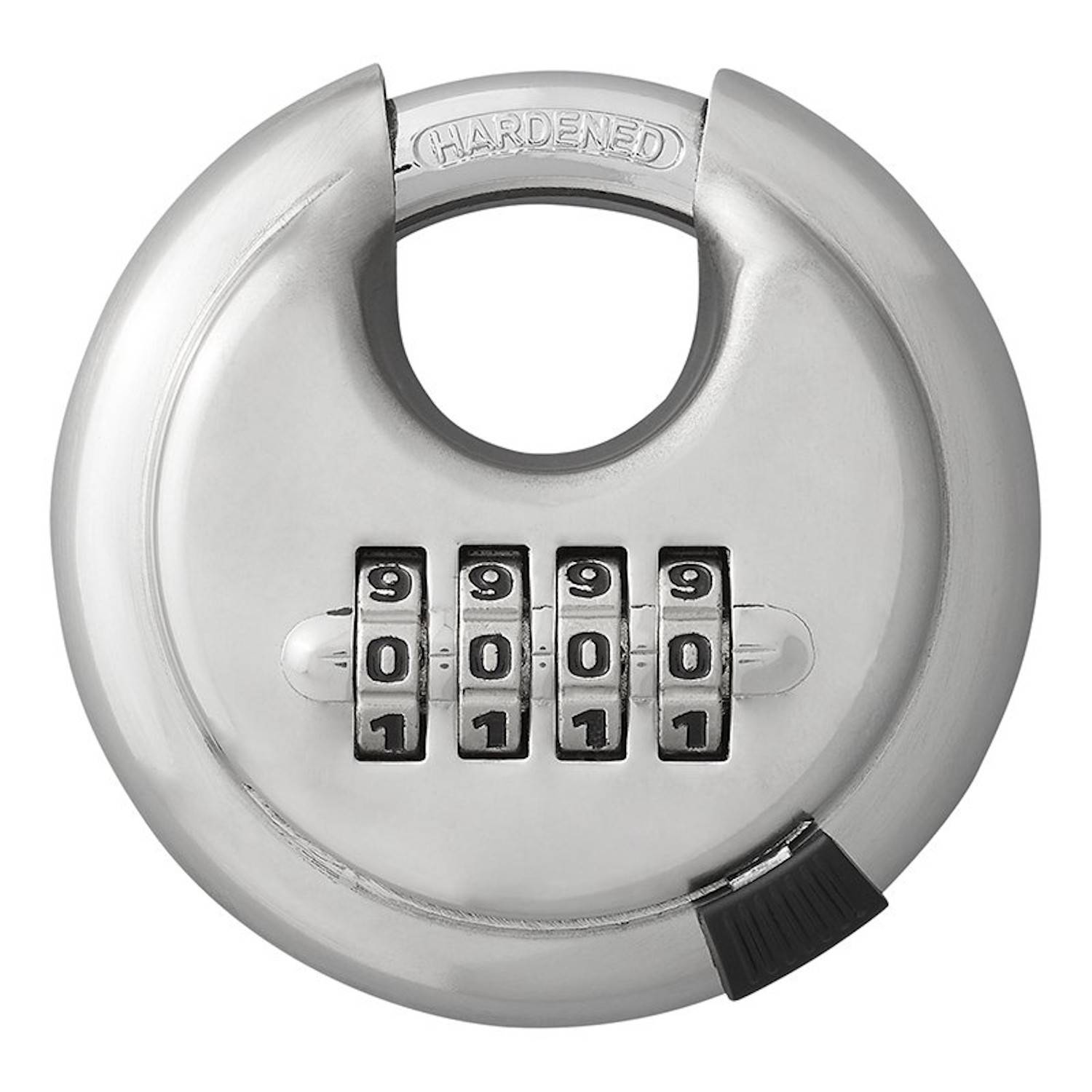 Ein silberner Kombinationsvorhängeschloss mit vier drehbaren Zifferblättern, auf 9001 eingestellt, vor einem weißen Hintergrund.