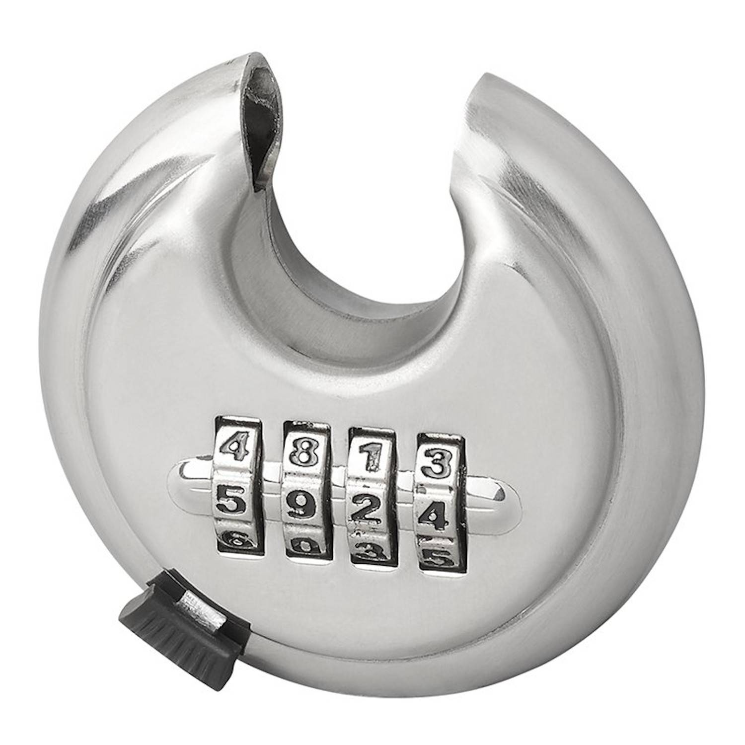 Kombinationsschloss mit kreisförmiger Gestalt und vierstelligem Code, der die Zahlen 4813 zeigt. Silberfarbene Metalloberfläche, üblicherweise für Sicherheitszwecke verwendet.