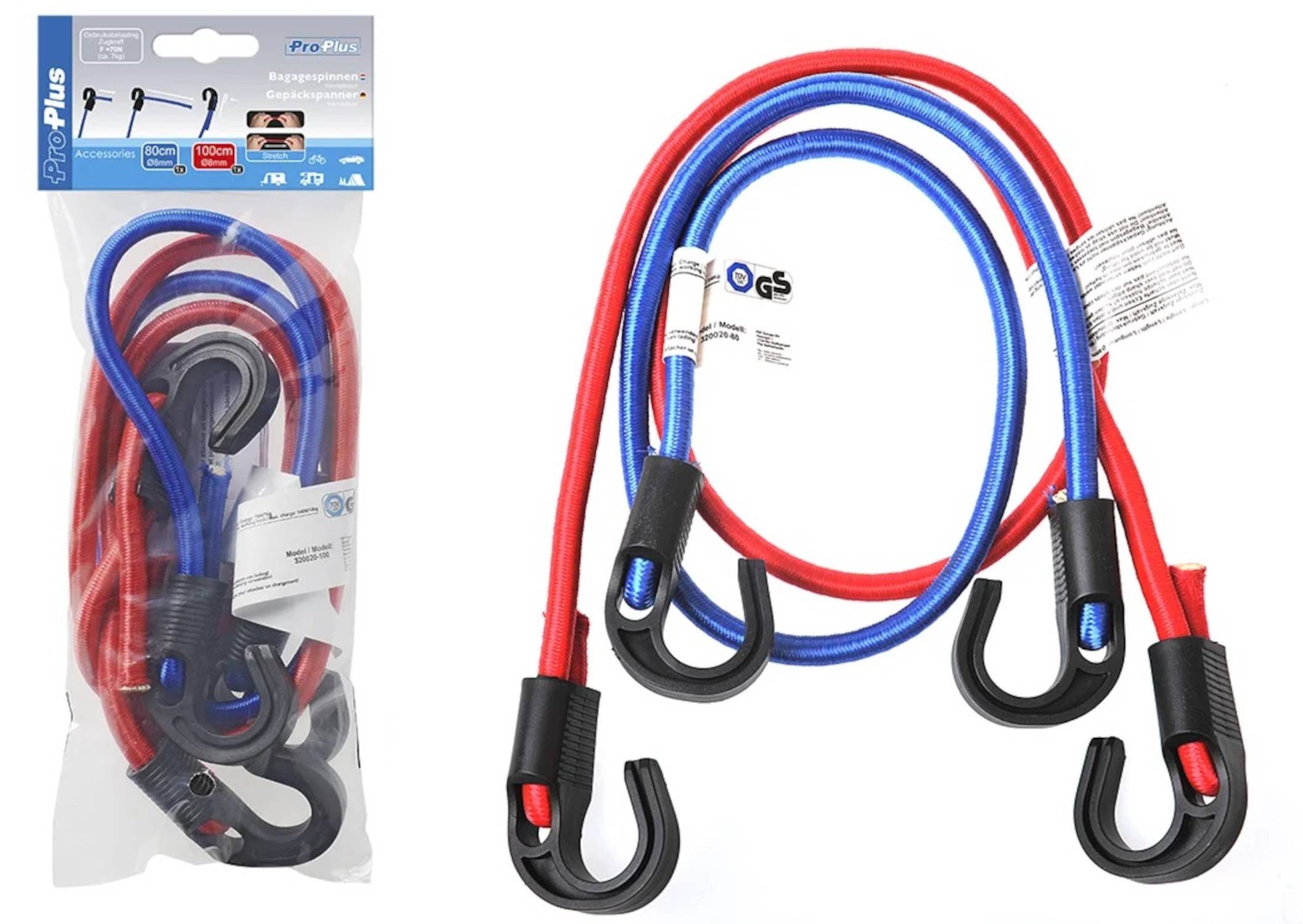Zwei Spanngurte, einer rot und einer blau, mit schwarzen Haken, zusammen verpackt. Zum Befestigen von Gegenständen während des Transports vorgesehen.