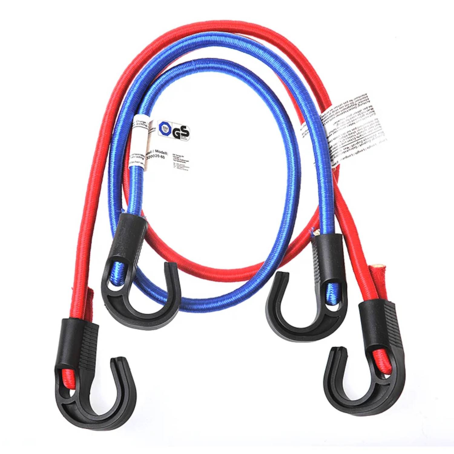Zwei elastische Bungee-Seile, eines rot und eines blau, jeweils mit schwarzen Plastikkarabinerhaken an beiden Enden, aufgewickelt und mit Sicherheitsinformationen beschriftet.