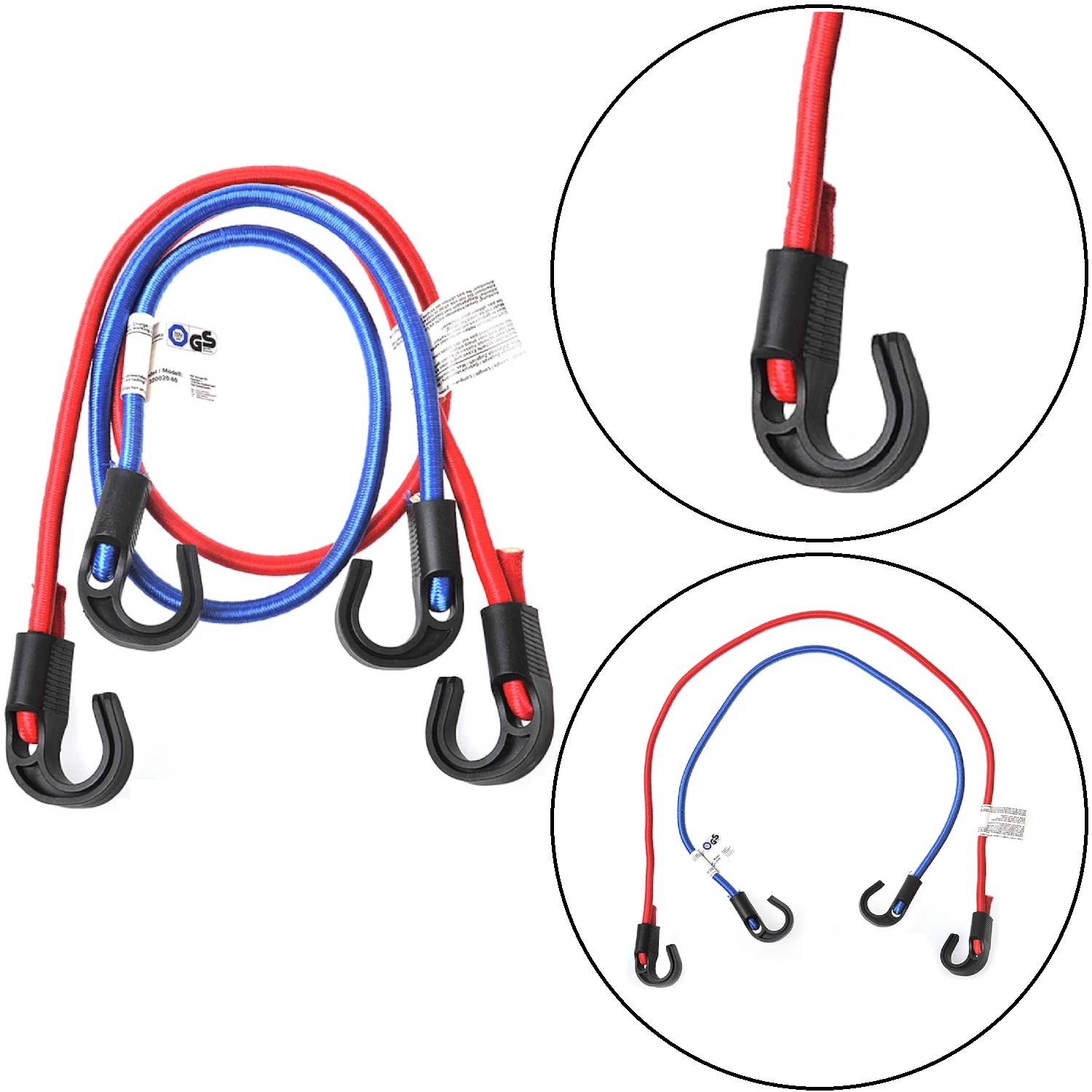 Rote und blaue Spanngummis mit schwarzen Haken, dargestellt in aufgewickelter und Nahaufnahme-Perspektive. Die Spanngummis haben angebrachte Etiketten und Sicherheitszertifizierungen.