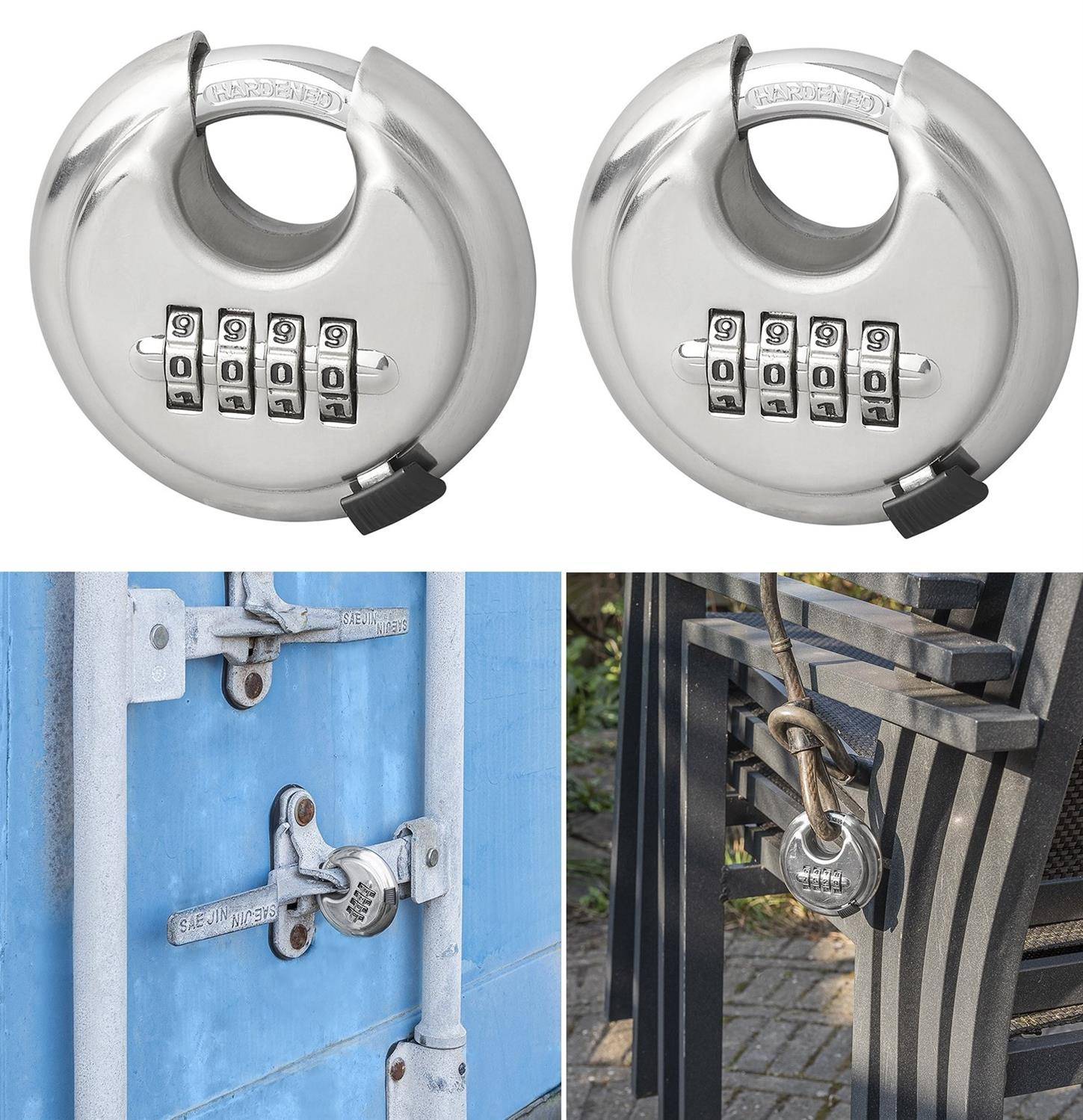 Runde Kombinations-Vorhängeschlösser mit Edelstahl-Finish, die einen Seecontainer und ein Metallzaun-Tor sichern.