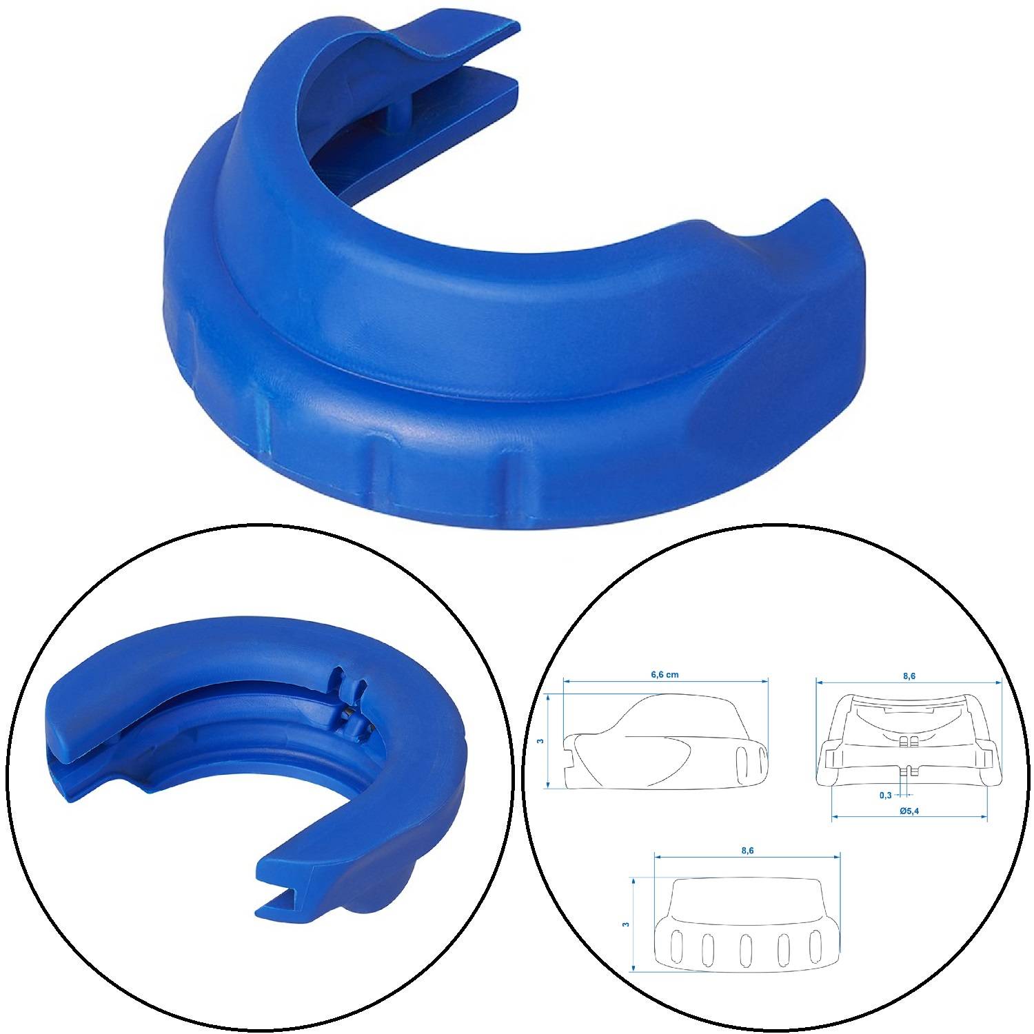 Blauer Zahnschutzschiene, dargestellt aus verschiedenen Blickwinkeln, einschließlich einer technischen Zeichnung mit Maßangaben. Dient zum Schutz der Zähne.
