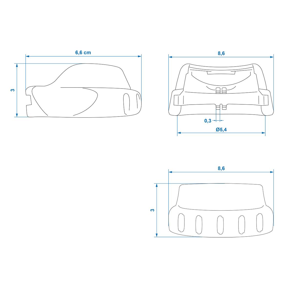 Technische Zeichnung eines Autoumrisses mit Vorder-, Seiten- und Rückansicht und Maßangaben. Länge: 8,6 cm, Breite: 6,6 cm, Höhe: 3 cm.