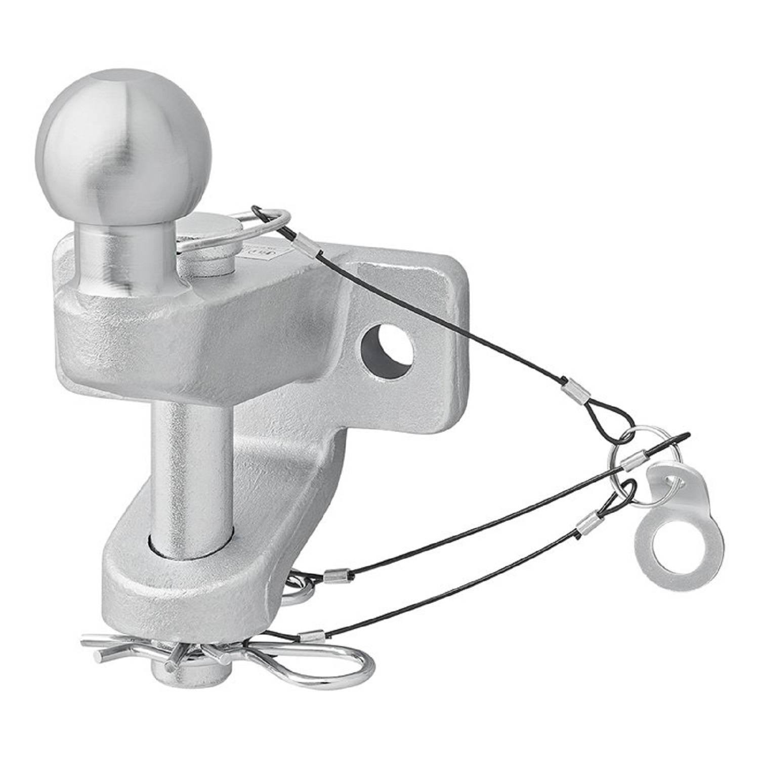 Metallische Anhängerkupplung mit Sperrvorrichtung, Kugelkopfhalterung und Sicherungsseilen, entwickelt, um eine unbefugte Anhängerabkopplung zu verhindern.