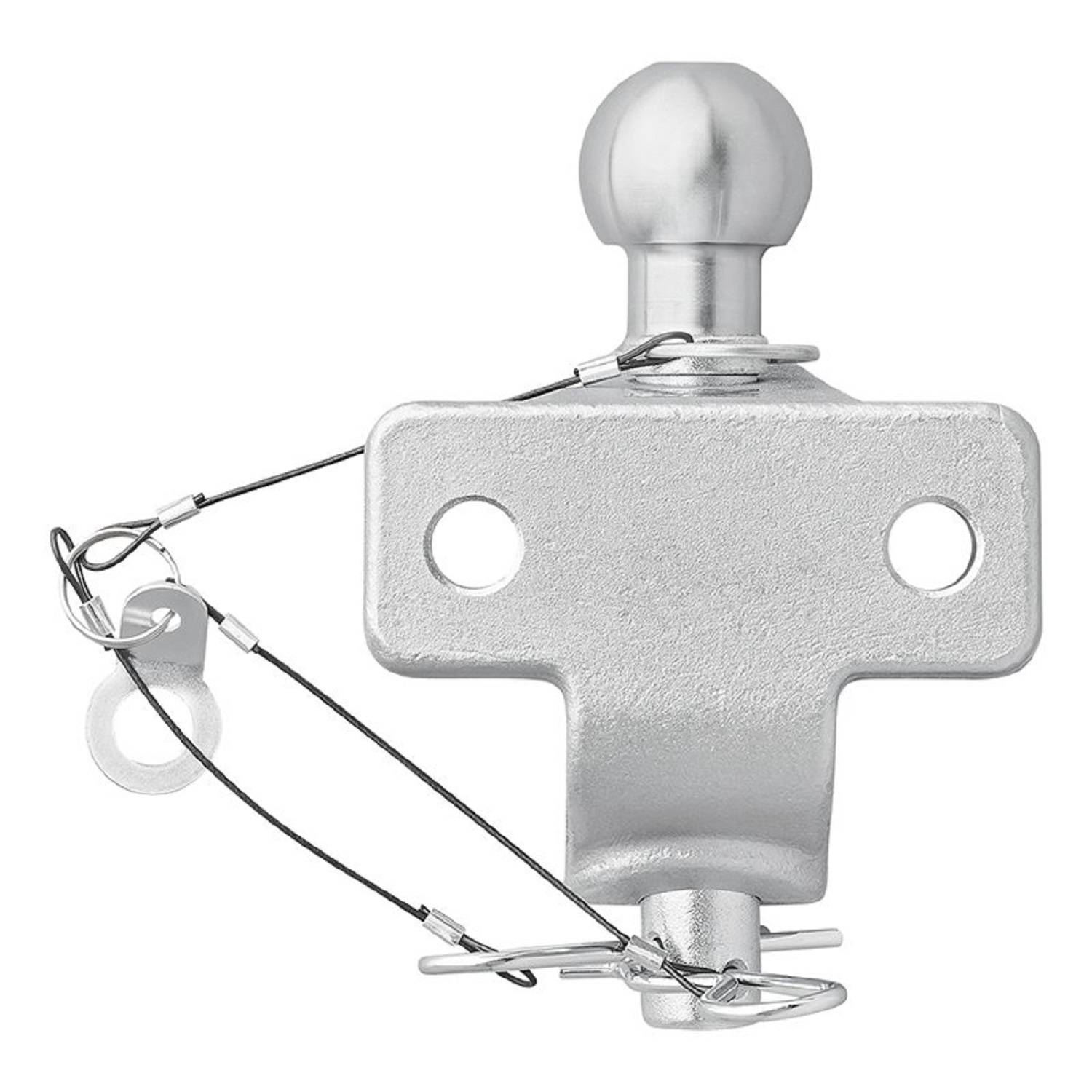 Anhängerkupplung mit zwei an ihrer Basis befestigten Klemmdrähten, die oben einen polierten Metallball zur Anhängerbefestigung aufweist.