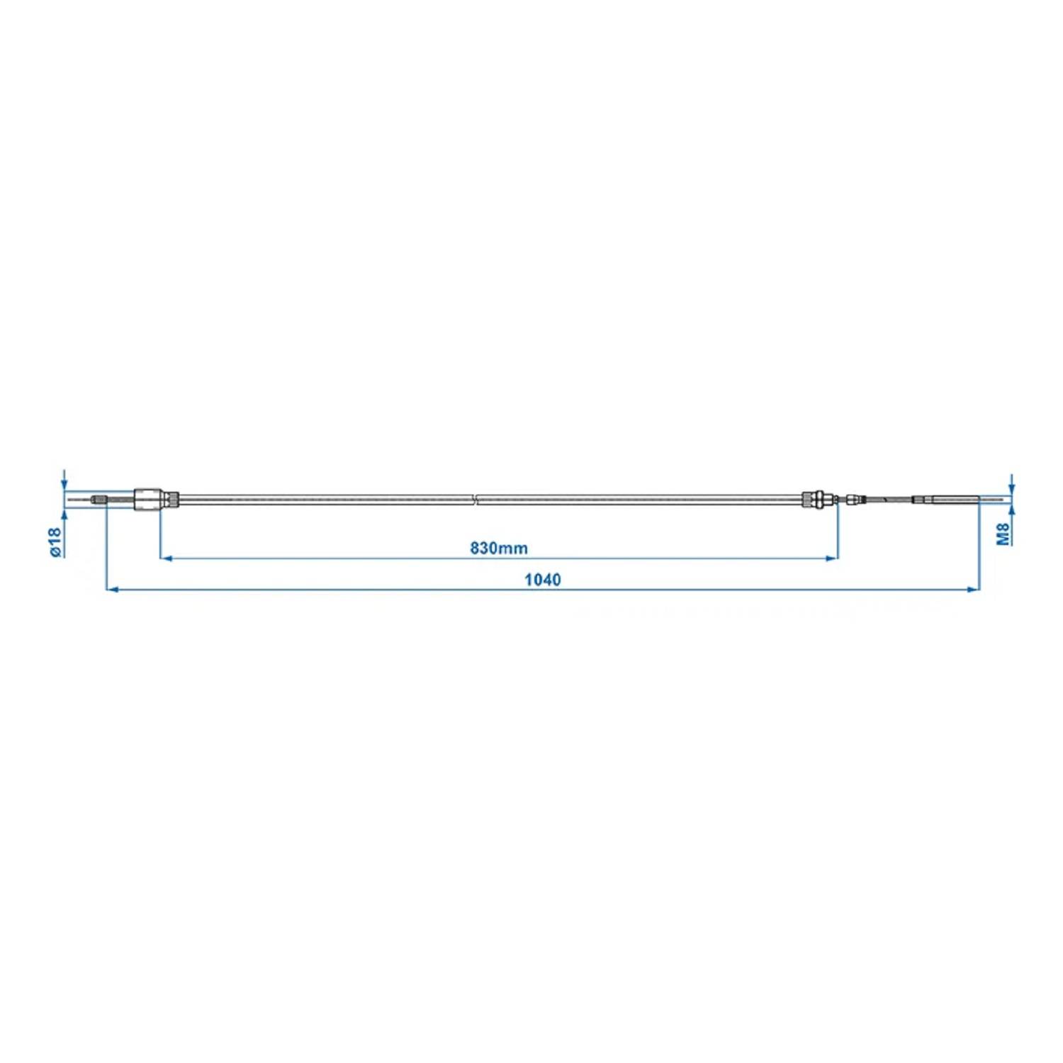 Drosselzug-Abmessungen: Gesamtlänge 1040 mm, effektive Länge 830 mm. Durchmesser an einem Ende mit 9,8 mm und am anderen Ende mit 8 mm gekennzeichnet.