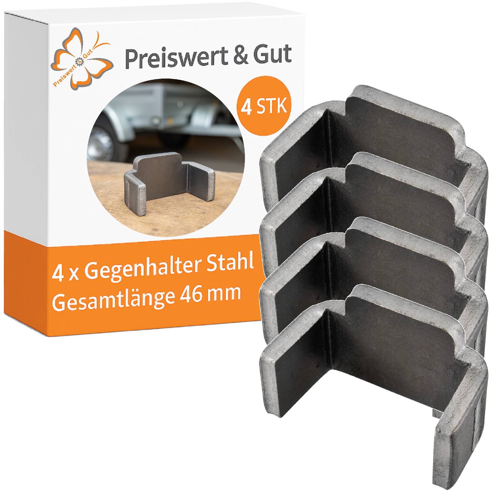 Preiswert & Gut' Box mit vier Stahlhalterungen. Beschriftet mit '4 Stück' und '4 x Gegenhalter Stahl, Gesamtlänge 46 mm.