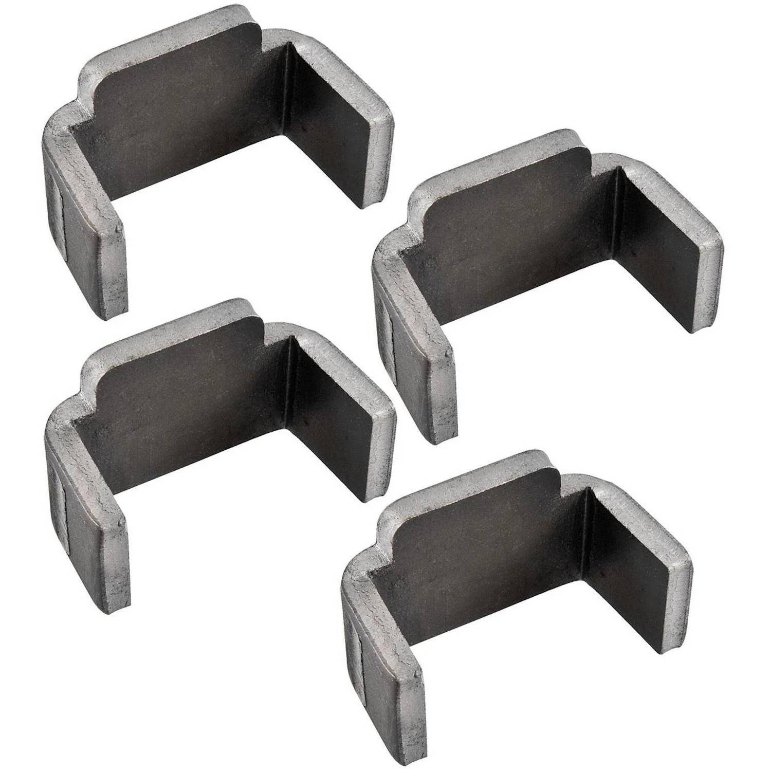 Vier graue Metallhalterungen, die jeweils wie ein eckiges 'C' geformt sind, in einer rechteckigen Anordnung vor einem weißen Hintergrund.