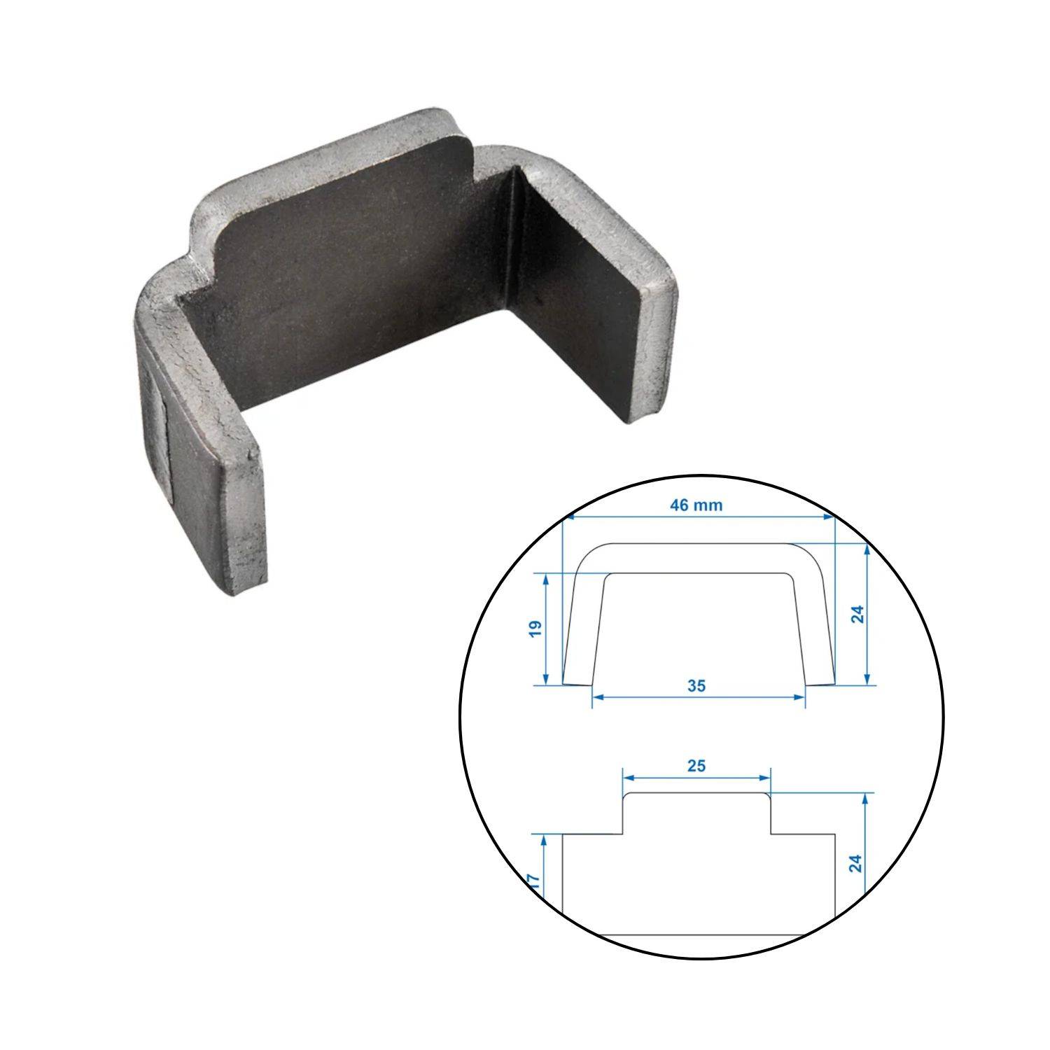 Eine Metallkomponente mit einer Illustration, die die Abmessungen zeigt: Breite 46 mm, Höhe 35 mm, Tiefe 25 mm. Verwendet für Beschläge oder Stützen.