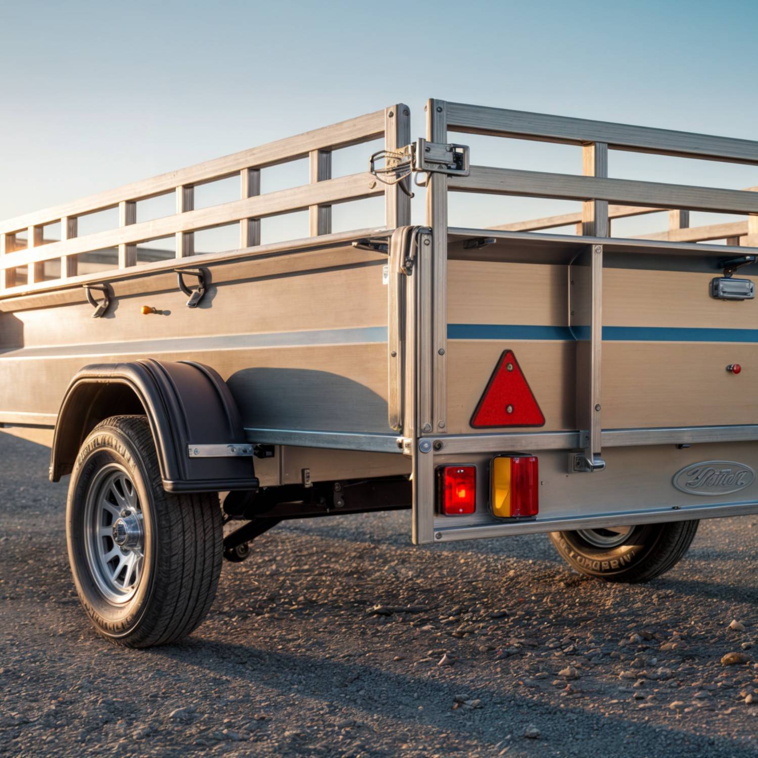 Ein leichter Mehrzweckanhänger mit Metallseitenwänden ist auf einer Kiesoberfläche geparkt und verfügt über einen roten dreieckigen Rückstrahler sowie ein rundes Rücklicht am Heck.